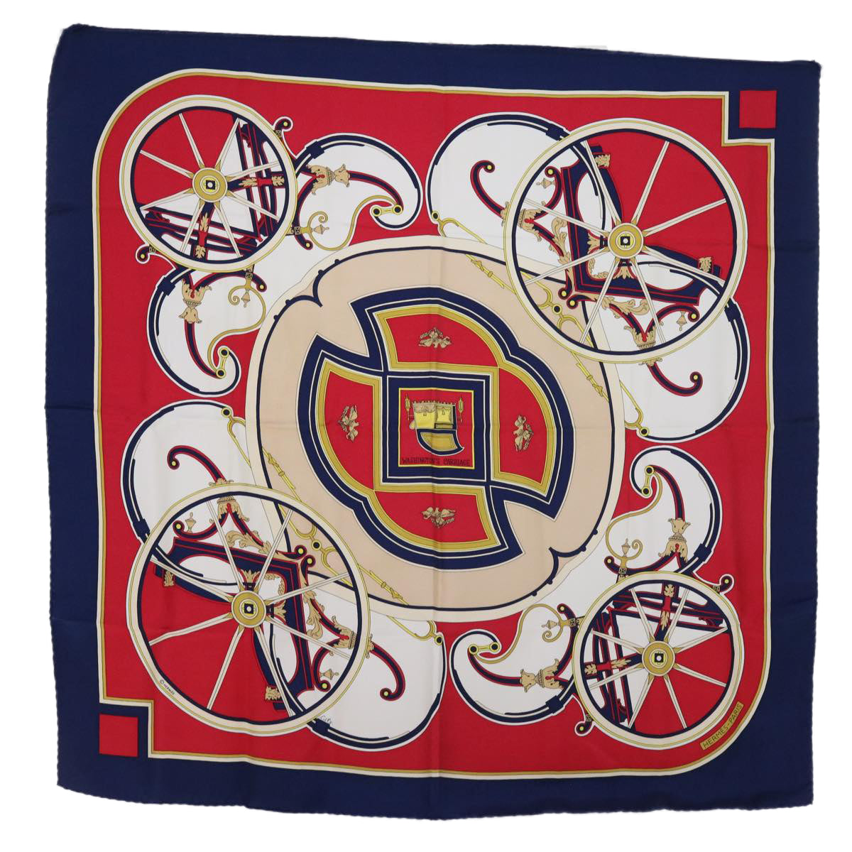HERMES Carre 90 WASHINGTON'S CARRIAGE Scarf Silk Navy Red Auth 58093