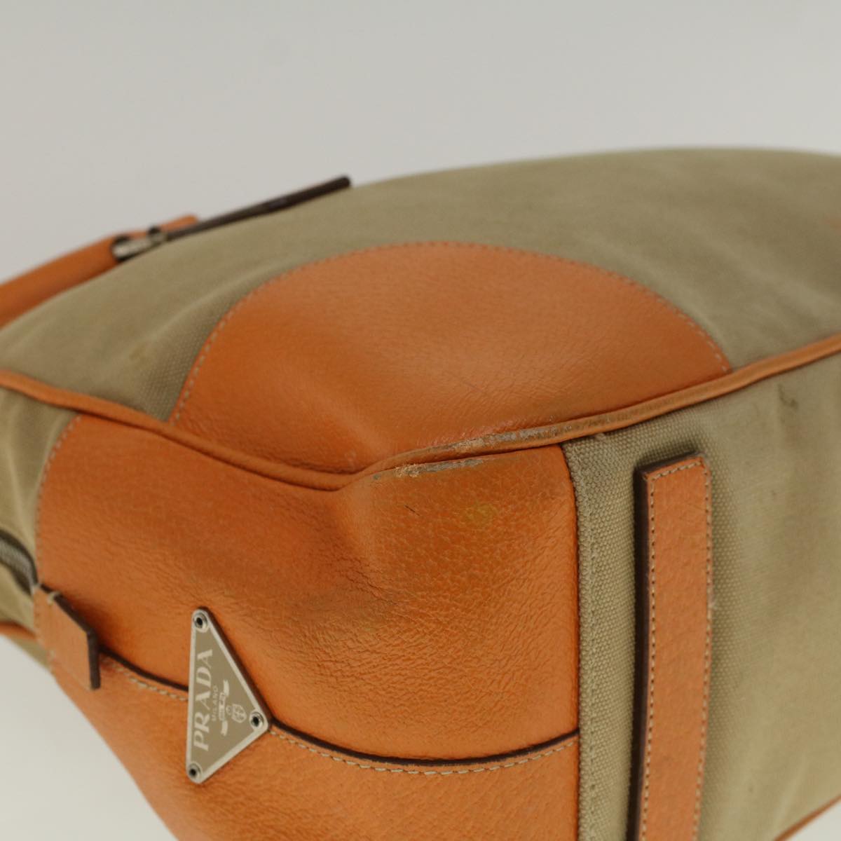 PRADA Hand Bag Canvas Leather Beige Orange Auth 58102