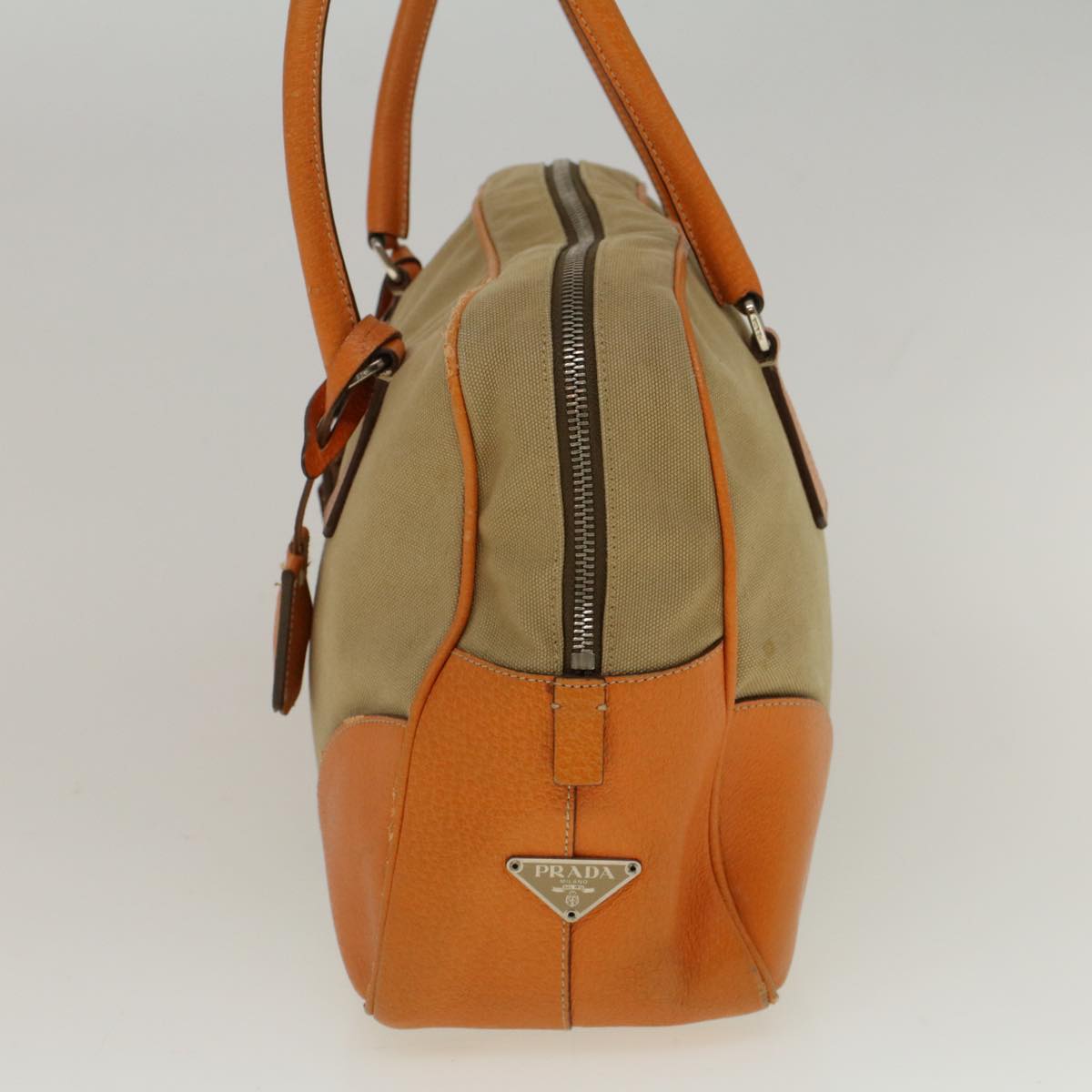 PRADA Hand Bag Canvas Leather Beige Orange Auth 58102