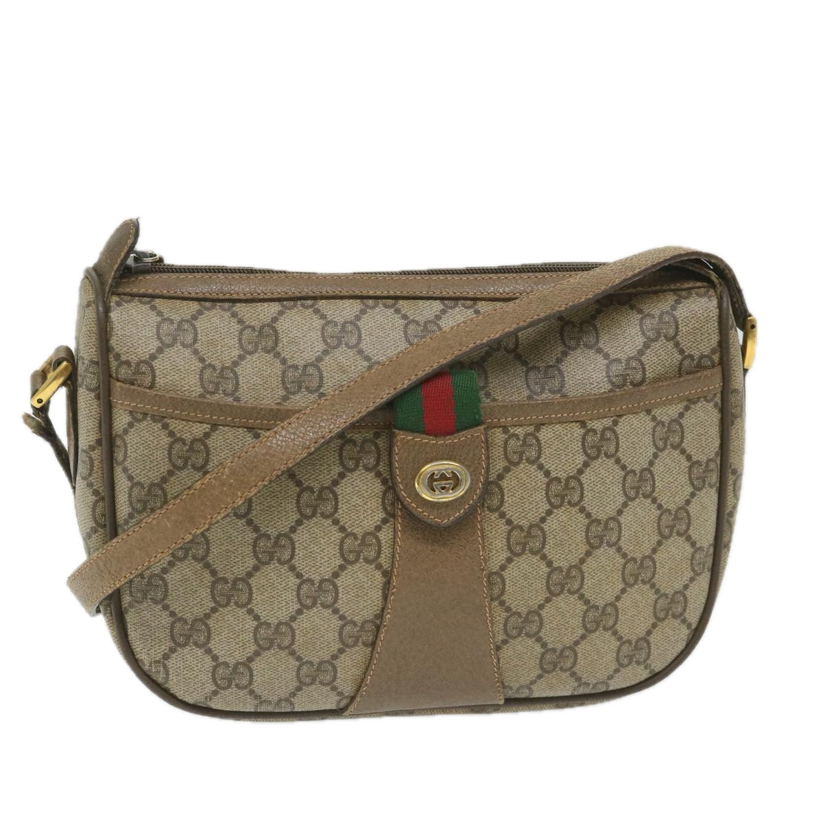 GUCCI GG Canvas Web Sherry Line Shoulder Bag PVC Leather Beige Green Auth 58277