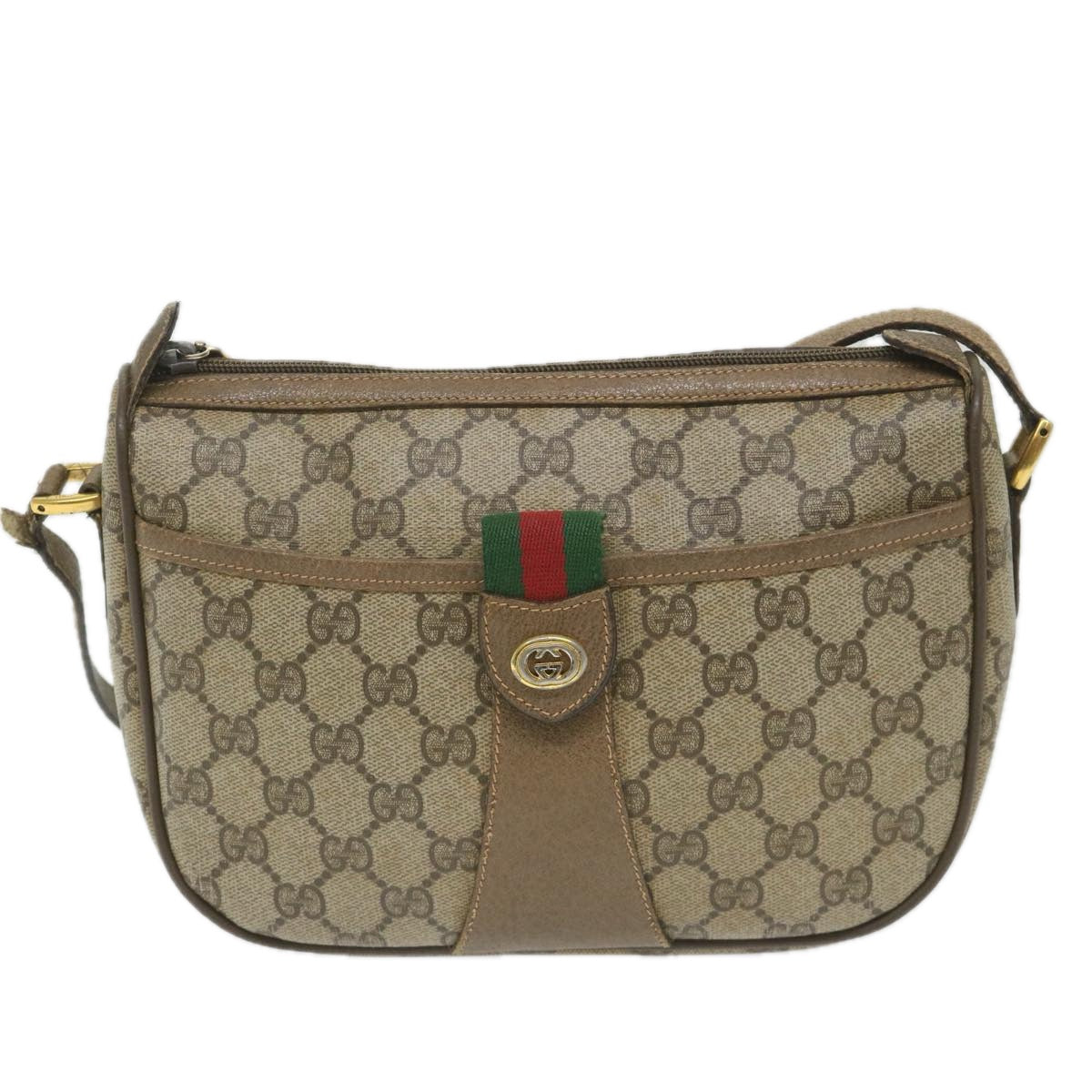 GUCCI GG Canvas Web Sherry Line Shoulder Bag PVC Leather Beige Green Auth 58277