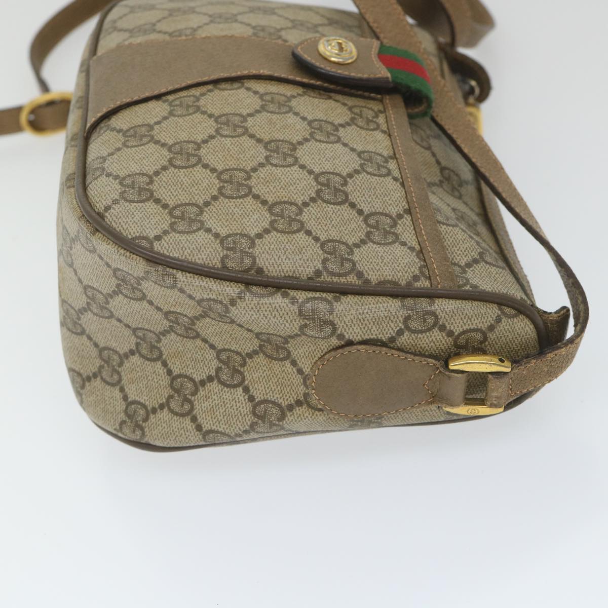 GUCCI GG Canvas Web Sherry Line Shoulder Bag PVC Leather Beige Green Auth 58277