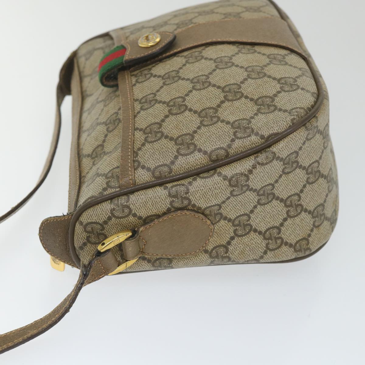 GUCCI GG Canvas Web Sherry Line Shoulder Bag PVC Leather Beige Green Auth 58277