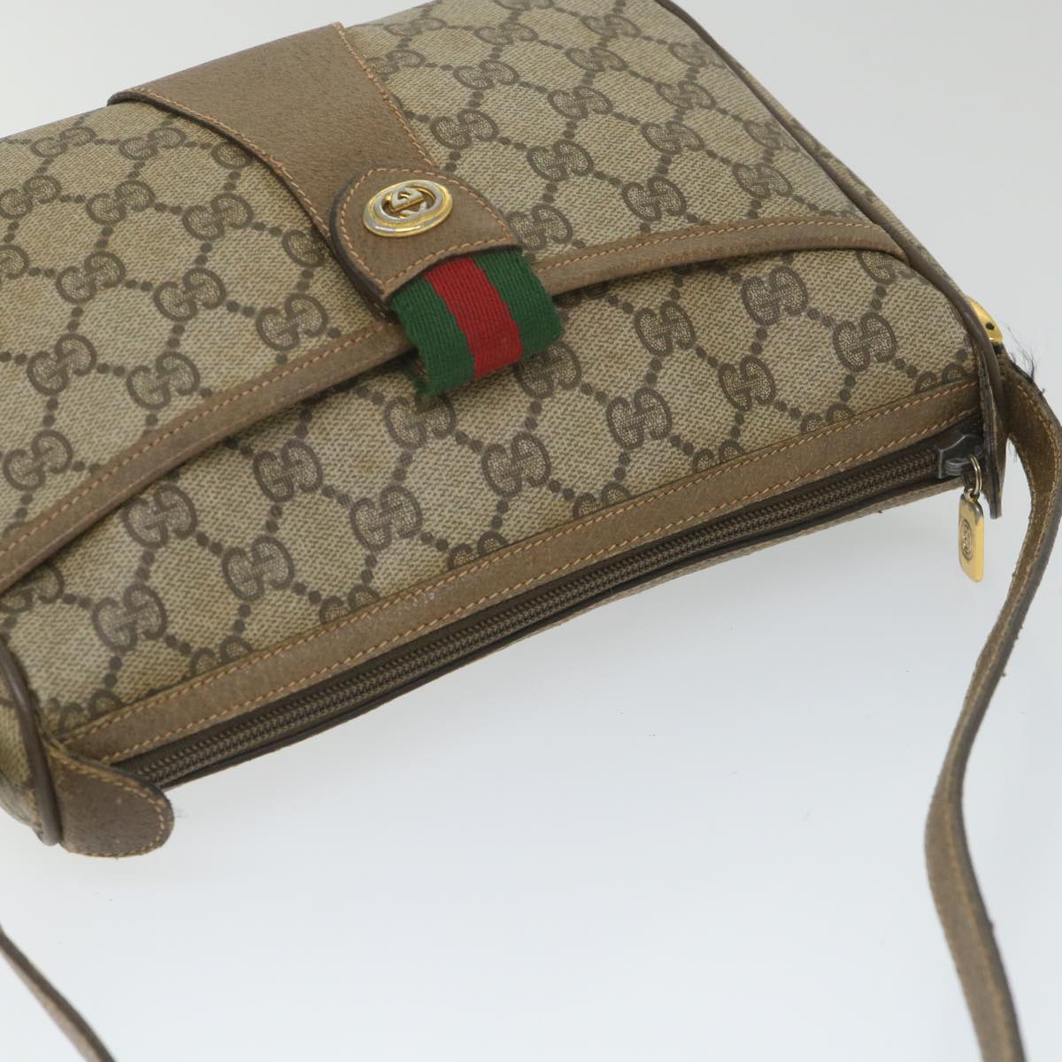 GUCCI GG Canvas Web Sherry Line Shoulder Bag PVC Leather Beige Green Auth 58277