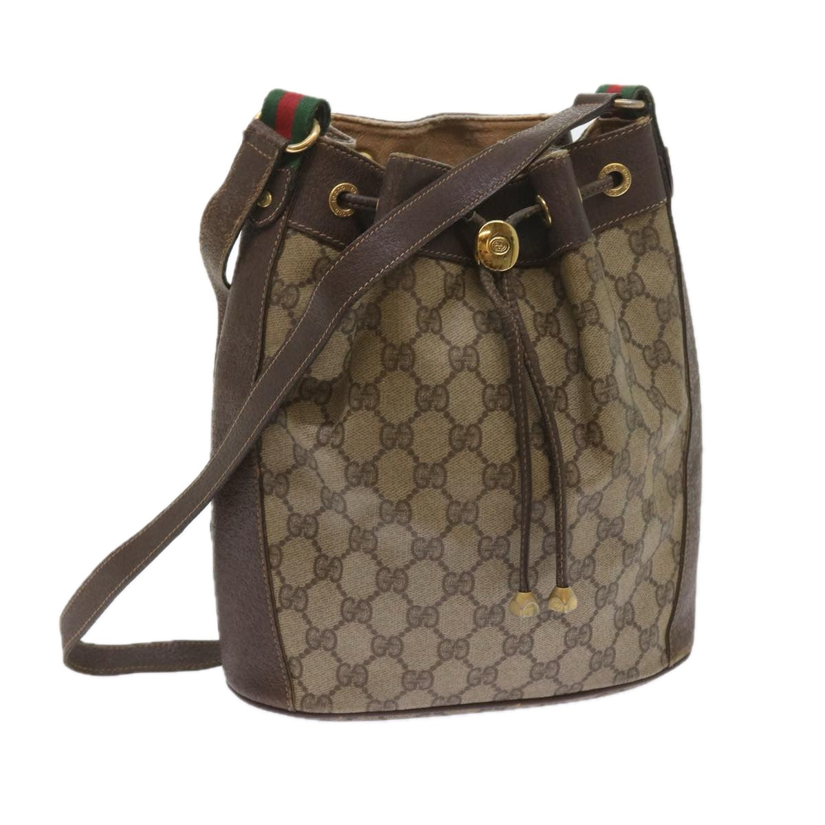 GUCCI GG Canvas Web Sherry Line Shoulder Bag PVC Leather Beige Green Auth 58321