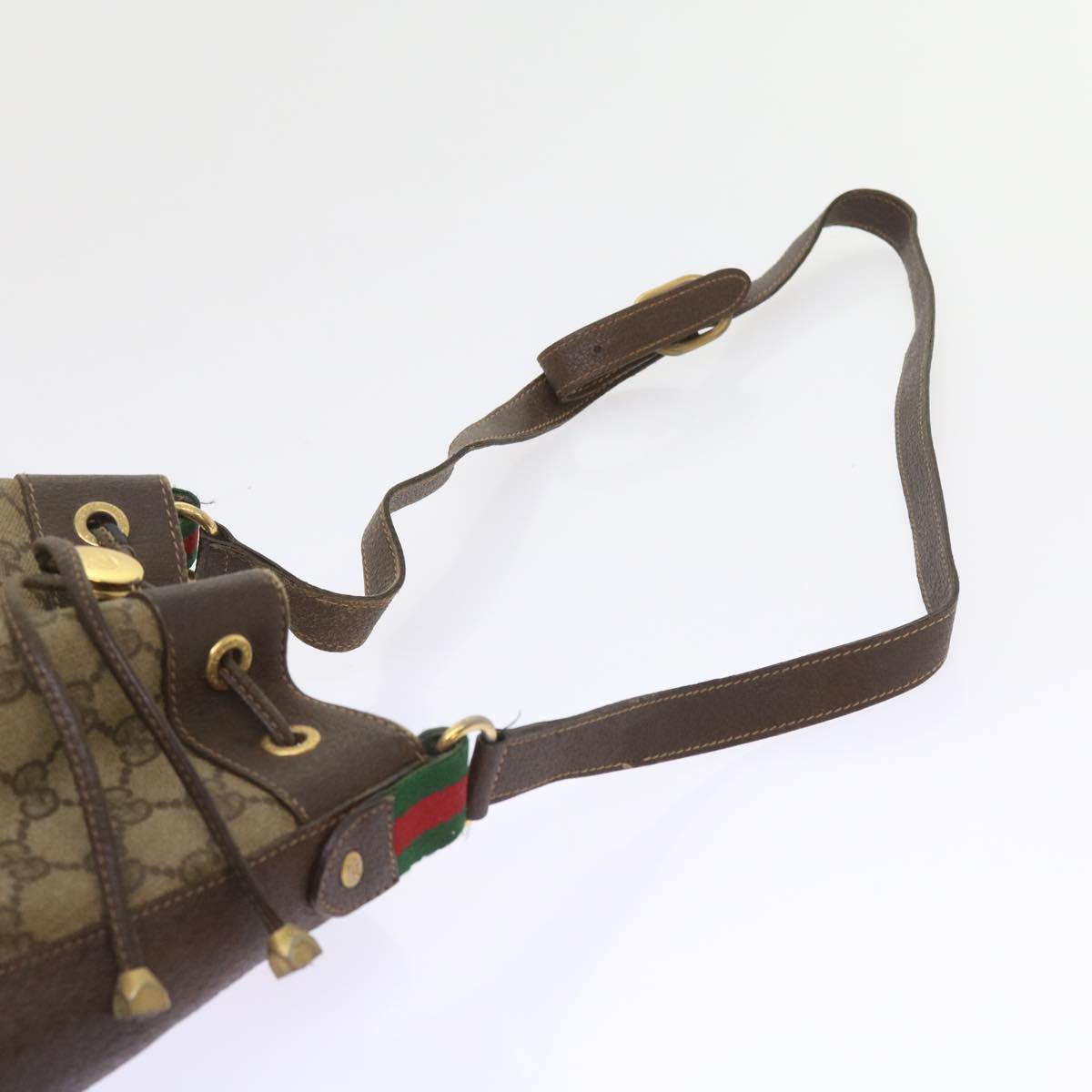 GUCCI GG Canvas Web Sherry Line Shoulder Bag PVC Leather Beige Green Auth 58321