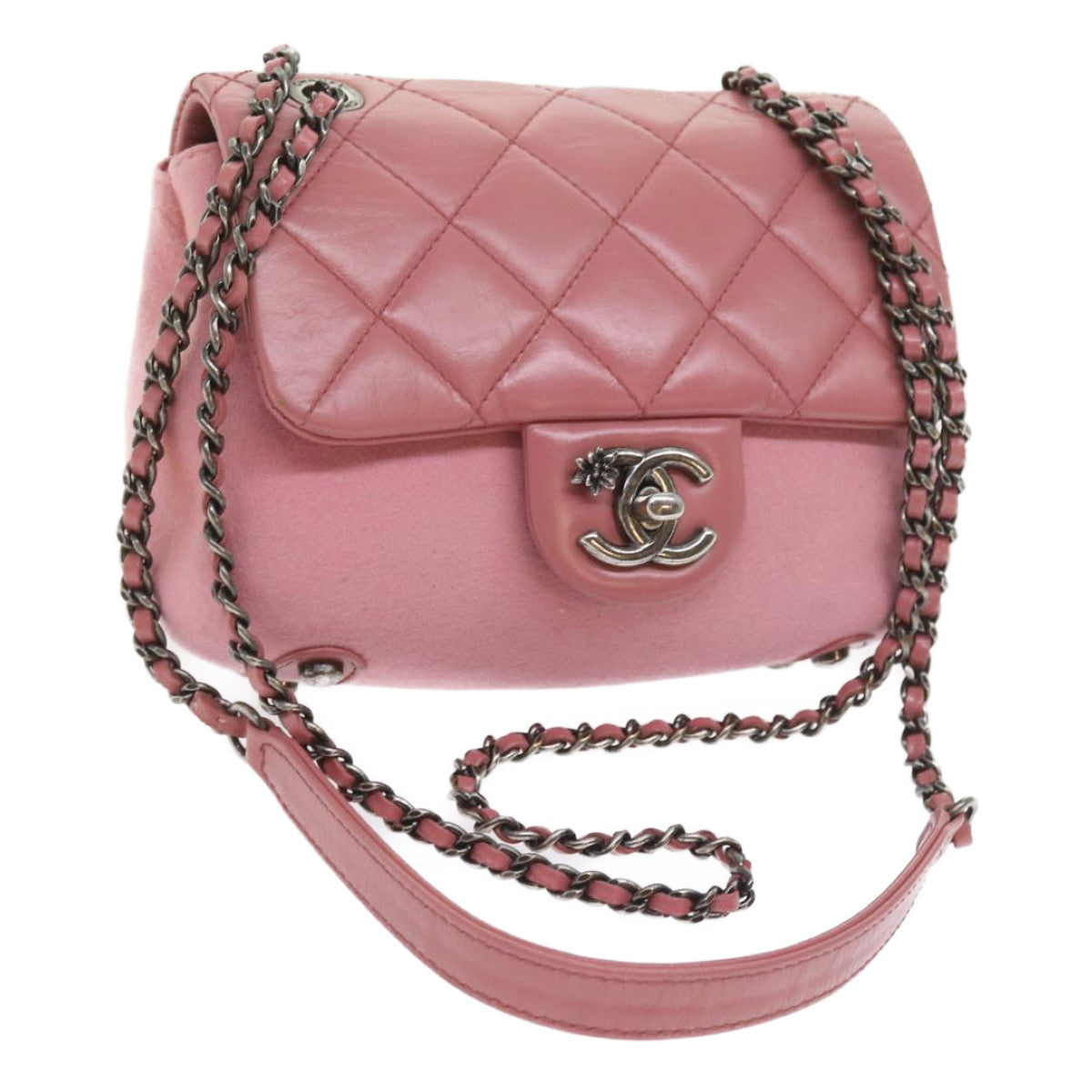 CHANEL Matelasse Chain Shoulder Bag Wool Leather Pink CC Auth 58342