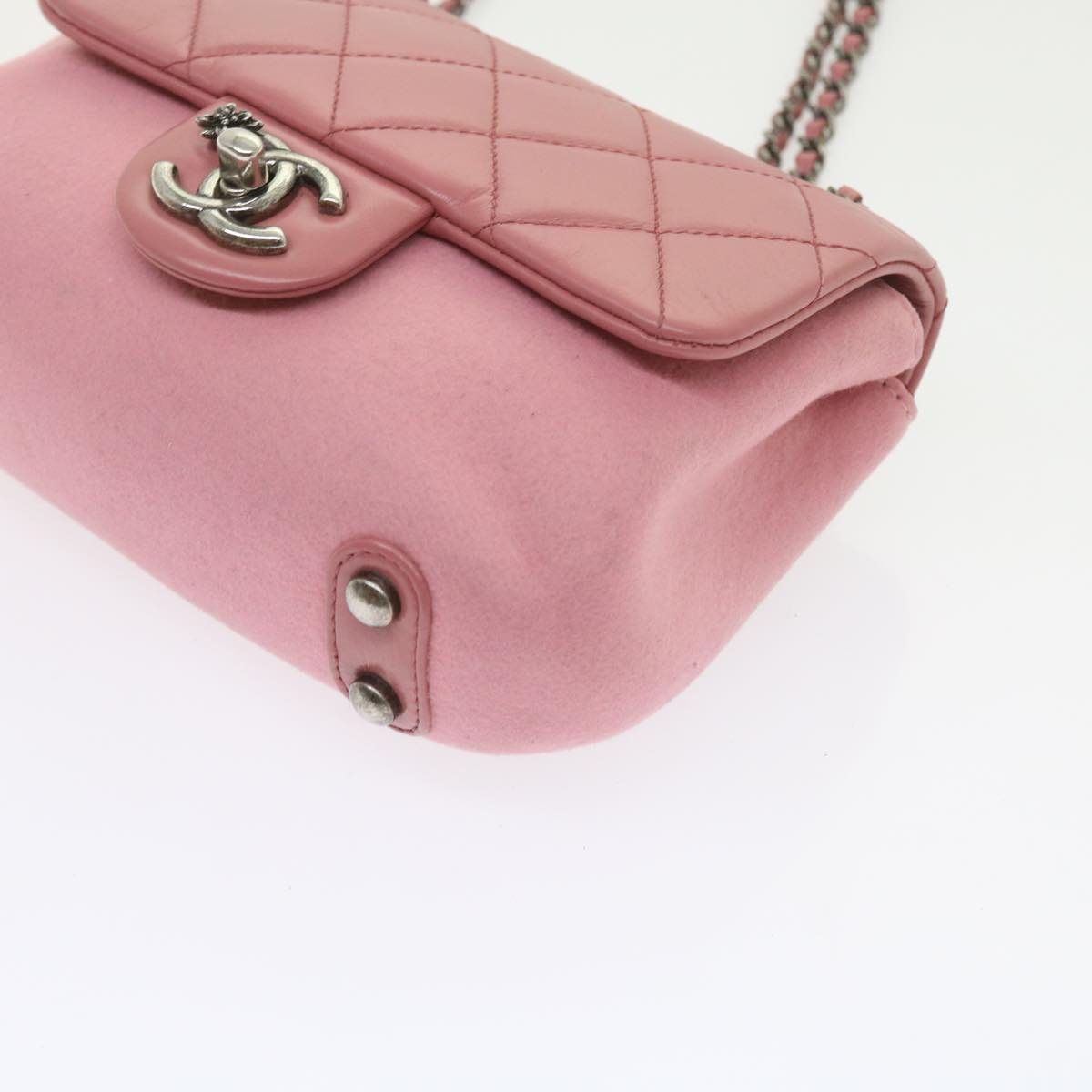 CHANEL Matelasse Chain Shoulder Bag Wool Leather Pink CC Auth 58342