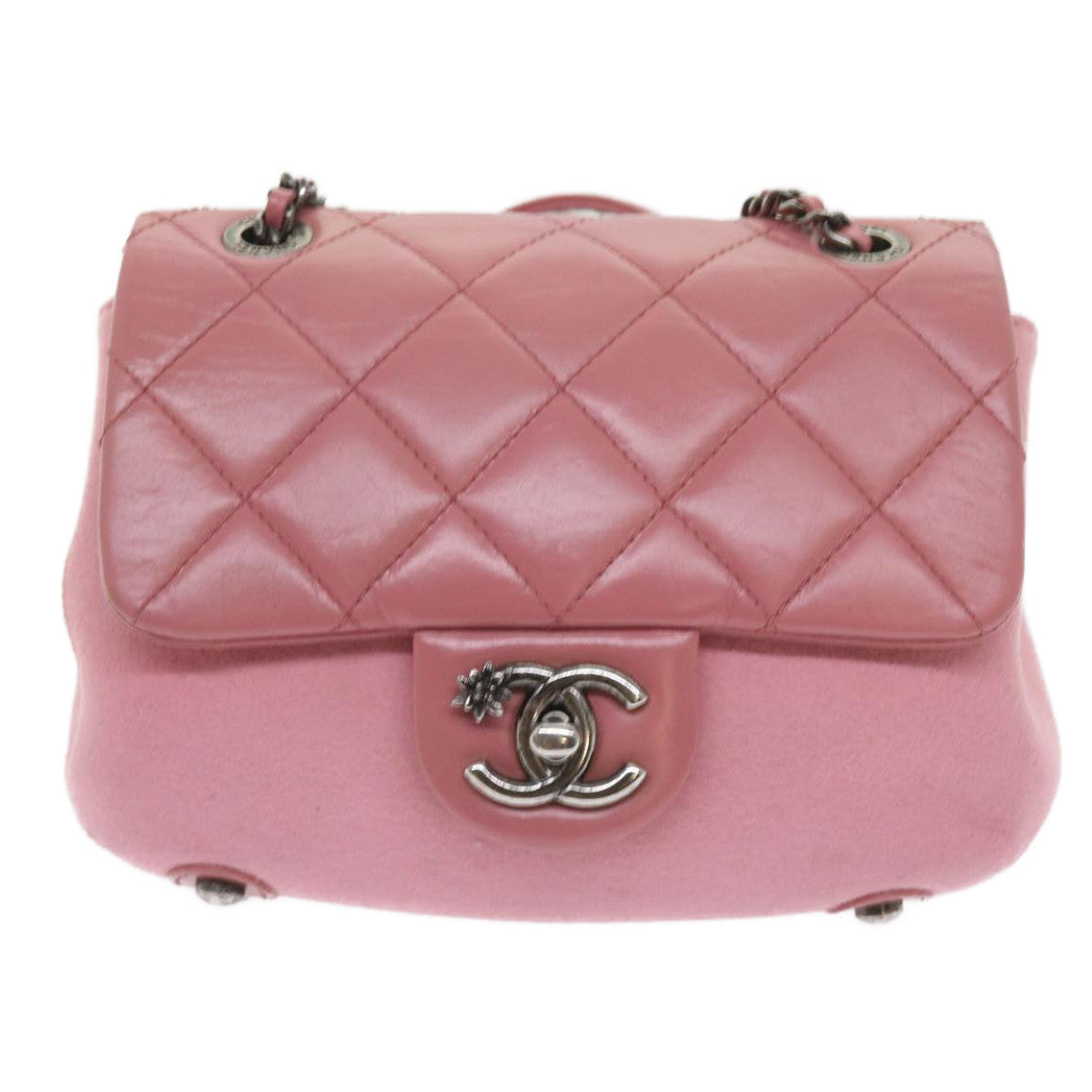 CHANEL Matelasse Chain Shoulder Bag Wool Leather Pink CC Auth 58342