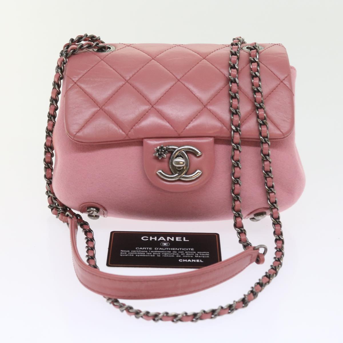 CHANEL Matelasse Chain Shoulder Bag Wool Leather Pink CC Auth 58342