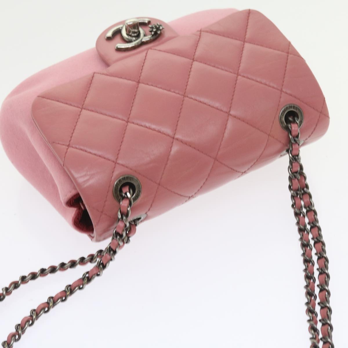 CHANEL Matelasse Chain Shoulder Bag Wool Leather Pink CC Auth 58342