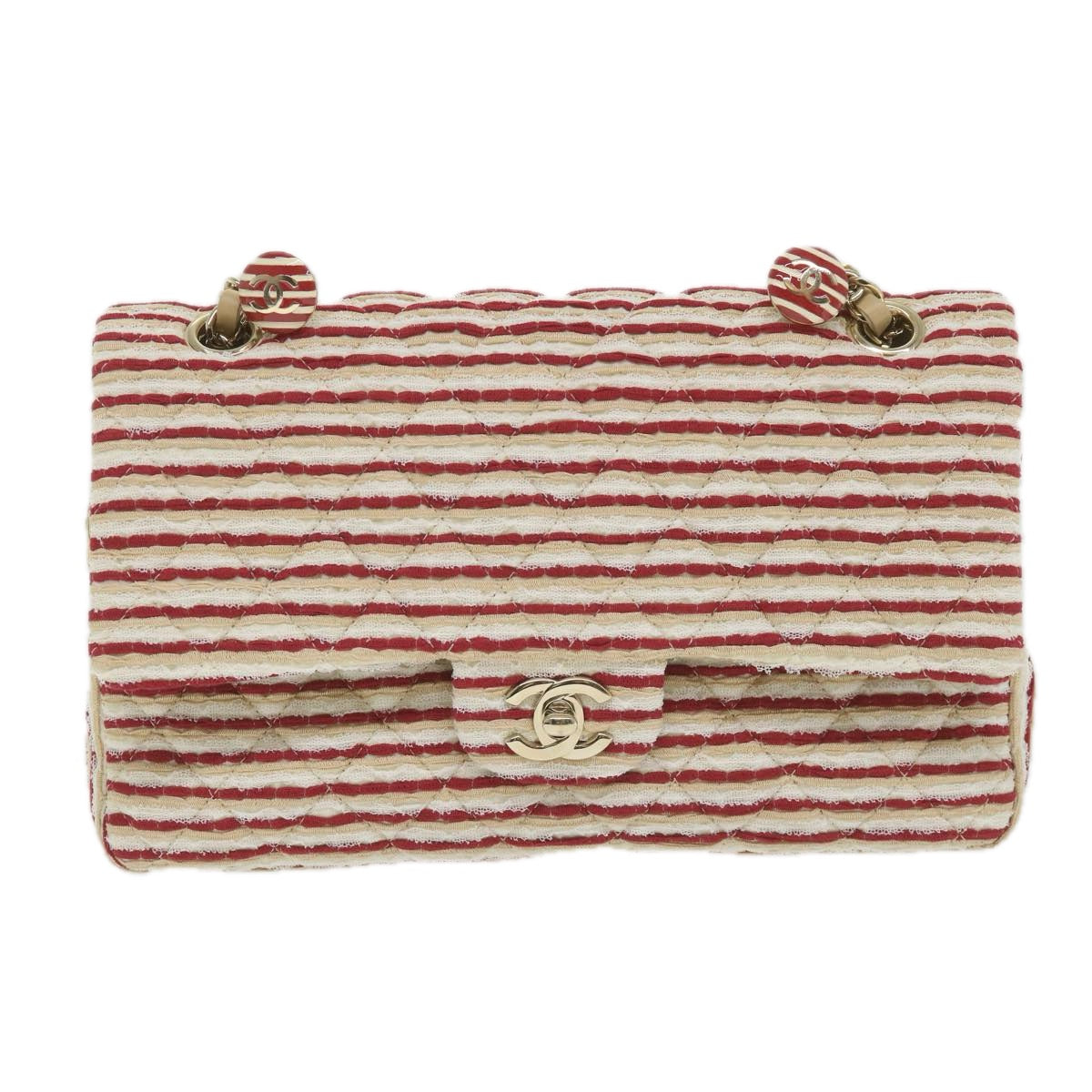 CHANEL Quilted Matelasse Chain Shoulder Bag Canvas Red Beige CC Auth 58343S - 0
