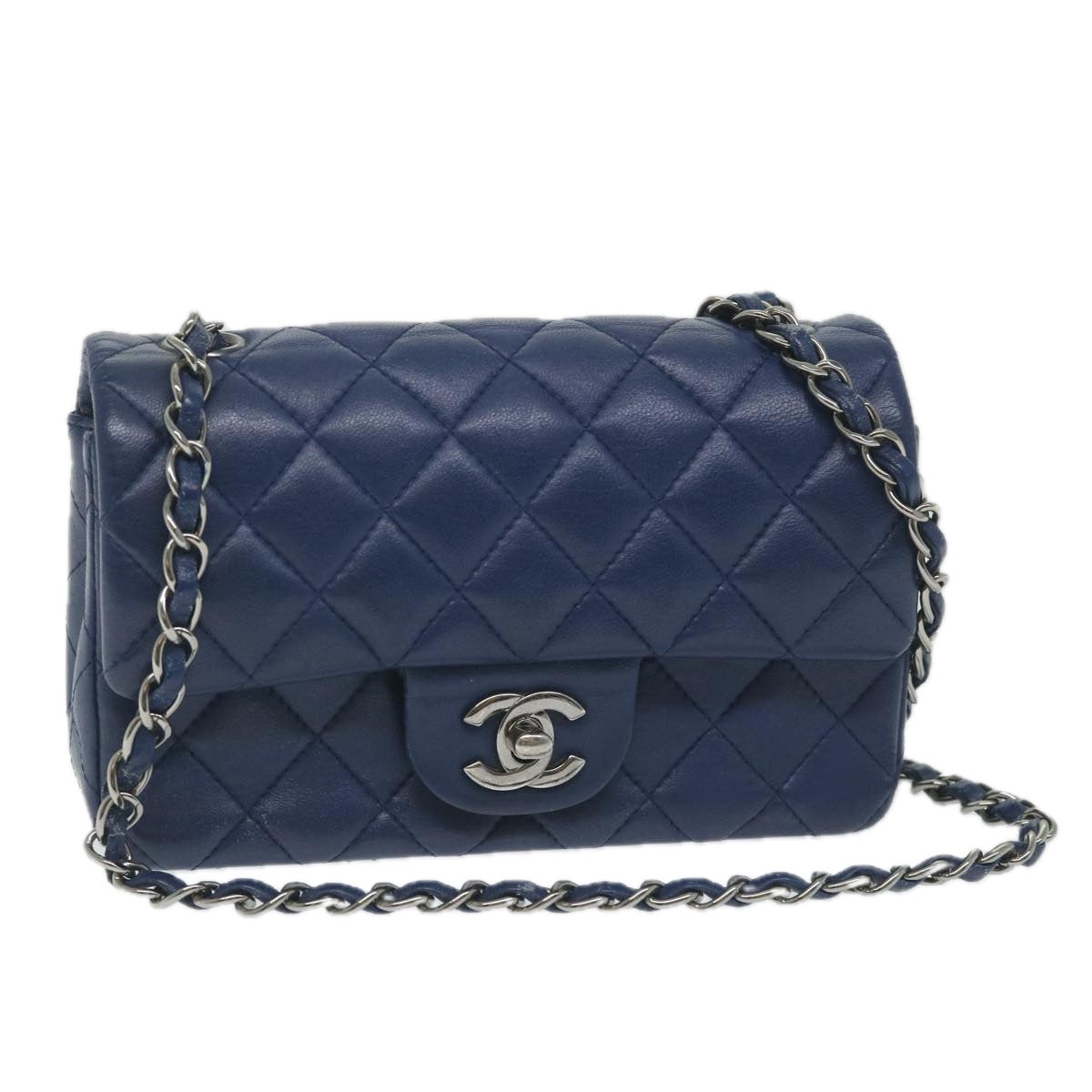 CHANEL Matelasse Chain Shoulder Bag Calf leather Navy CC Auth 58345A