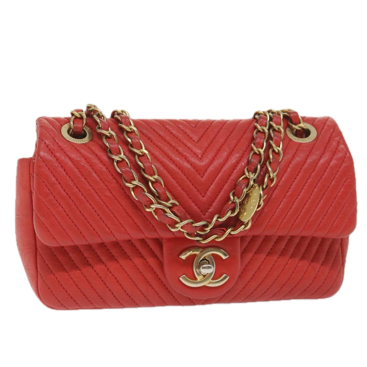 CHANEL Chain V Stitch Shoulder Bag Leather Red CC Auth 58347A