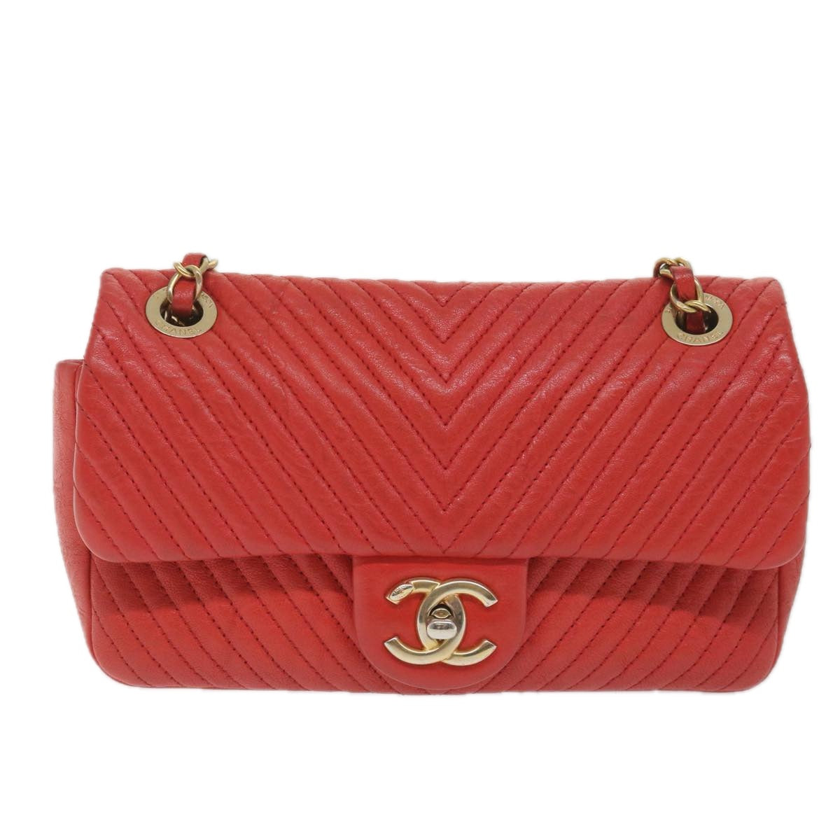 CHANEL Chain V Stitch Shoulder Bag Leather Red CC Auth 58347A