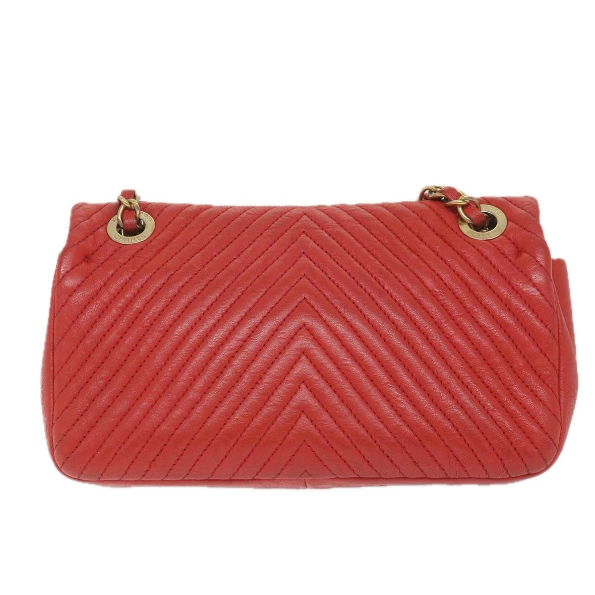 CHANEL Chain V Stitch Shoulder Bag Leather Red CC Auth 58347A