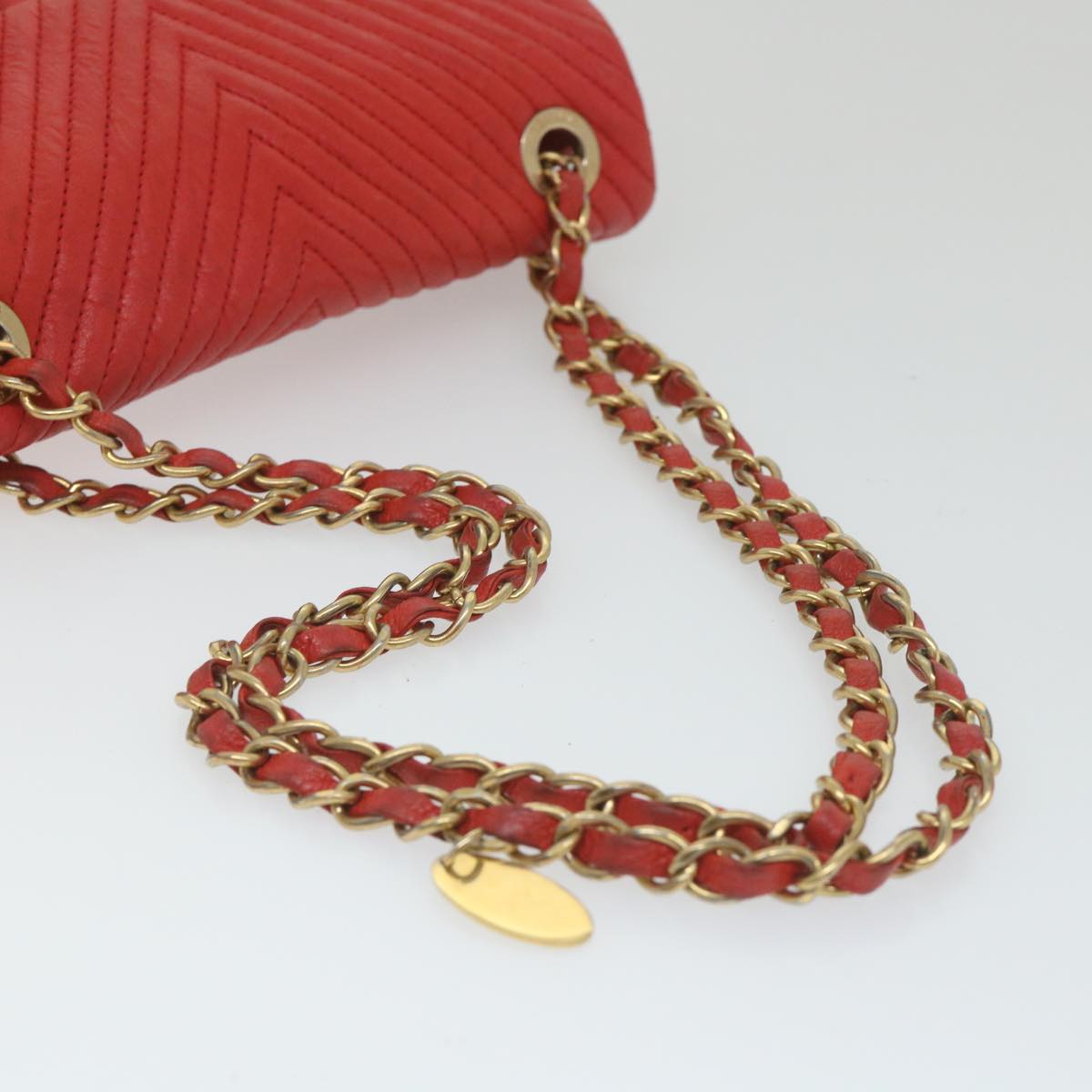 CHANEL Chain V Stitch Shoulder Bag Leather Red CC Auth 58347A