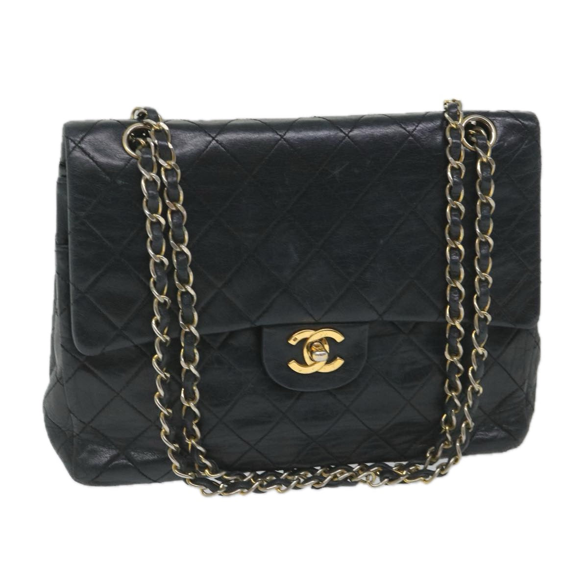 CHANEL Matelasse Chain Shoulder Bag Lamb Skin Black CC Auth 58348A