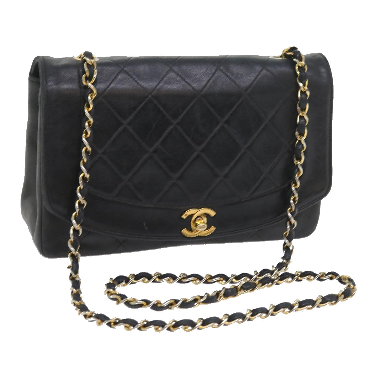 CHANEL Matelasse Chain Diana Shoulder Bag Lamb Skin Black CC Auth 58403A