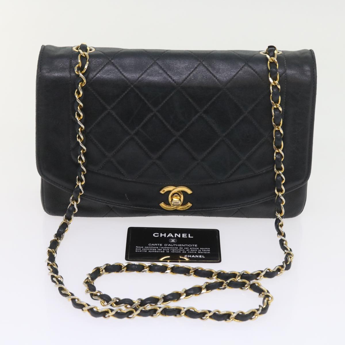 CHANEL Matelasse Chain Diana Shoulder Bag Lamb Skin Black CC Auth 58403A