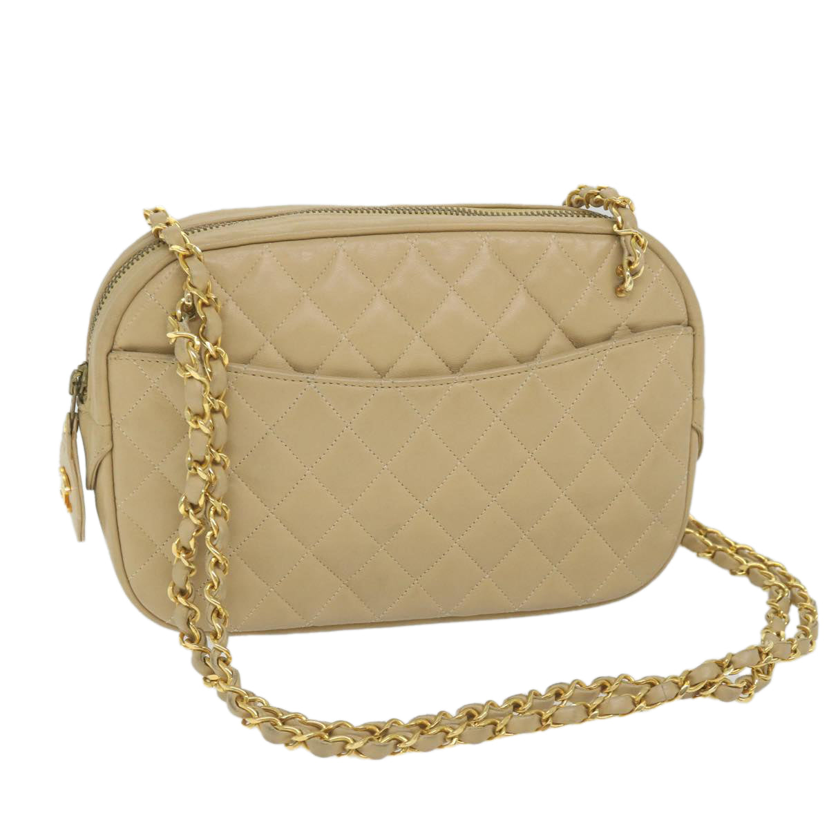 CHANEL Matelasse Chain Shoulder Bag Lamb Skin Beige CC Auth 58614