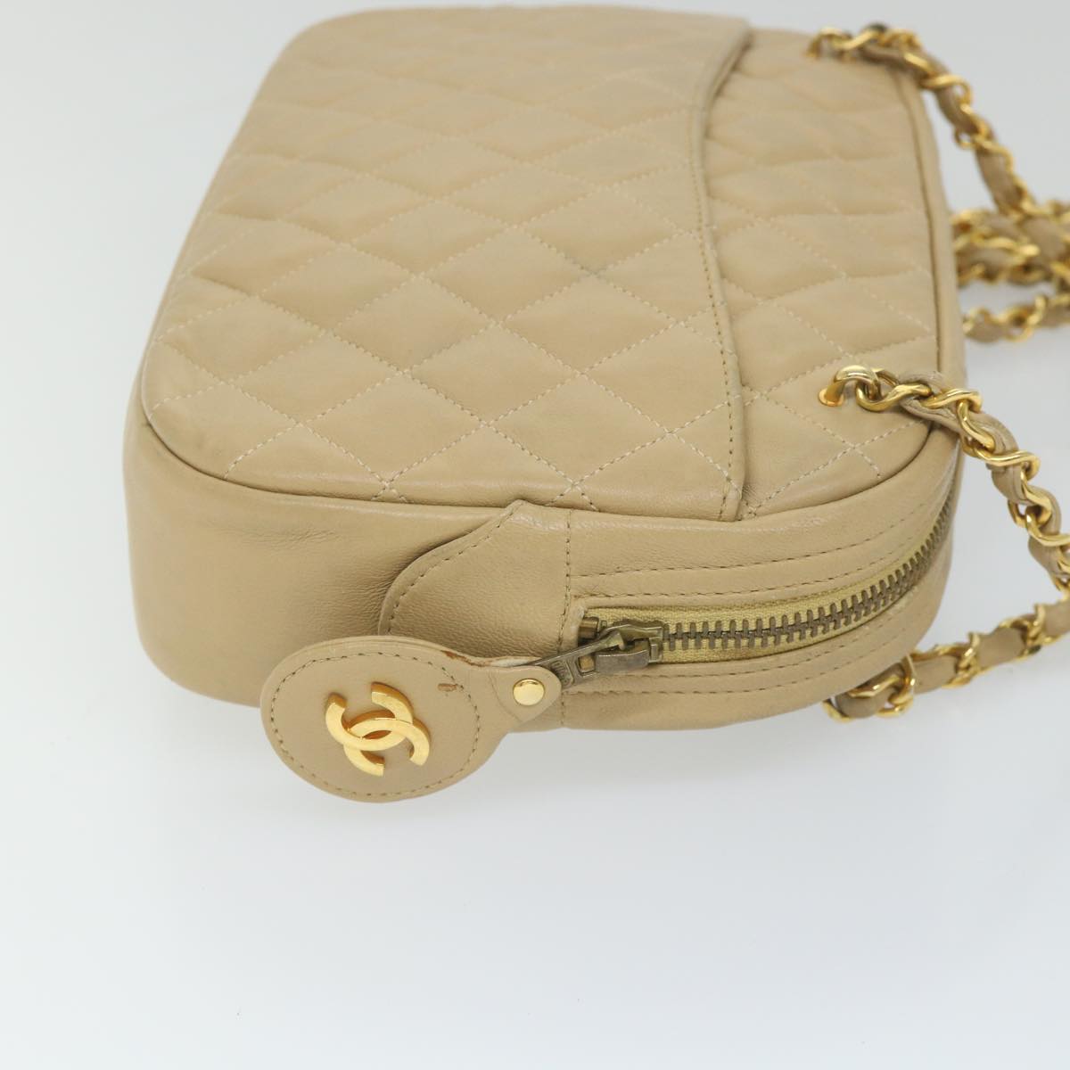 CHANEL Matelasse Chain Shoulder Bag Lamb Skin Beige CC Auth 58614