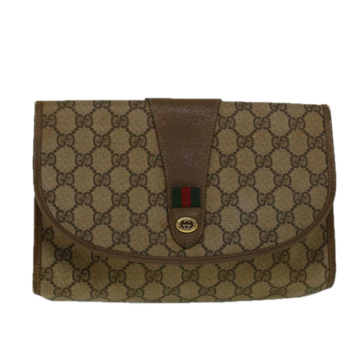 GUCCI GG Canvas Web Sherry Line Clutch Bag PVC Leather Beige Green Auth 58679 - 0