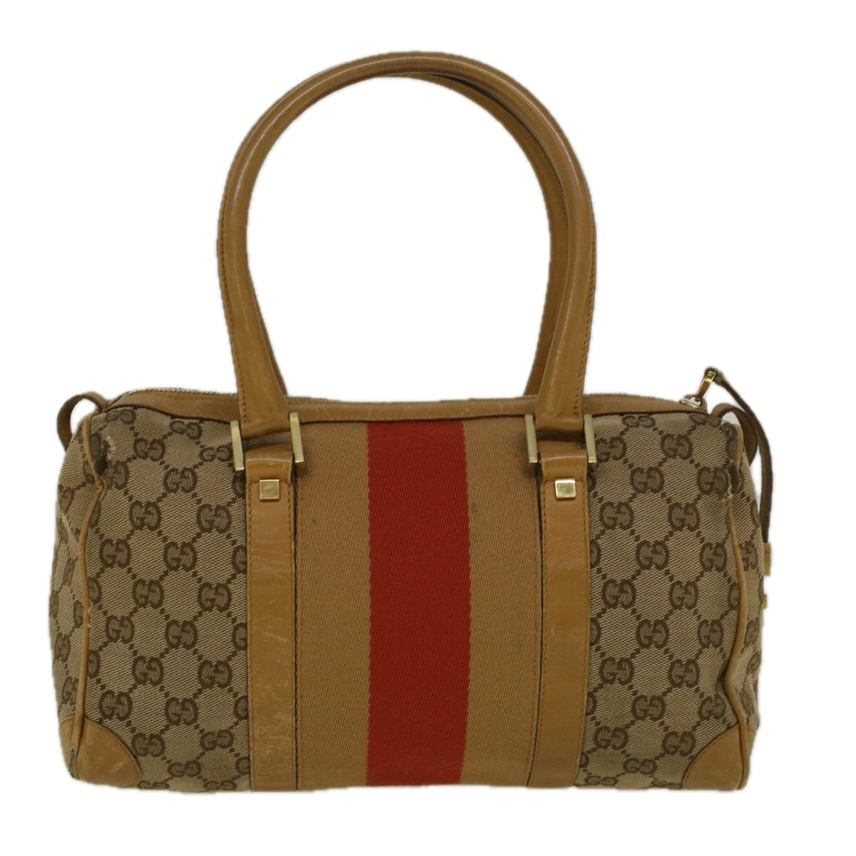 GUCCI GG Canvas Sherry Line Hand Bag Beige Brown Red 000 0851 002122 Auth 58695 - 0