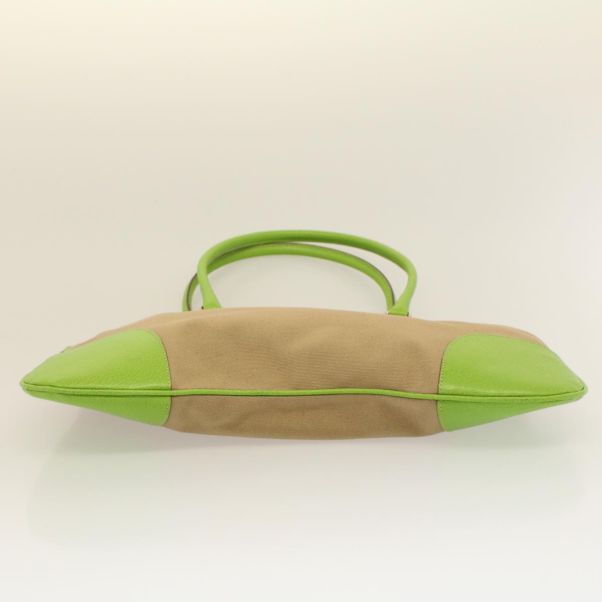 PRADA Tote Bag Canvas Beige Green Auth 58770