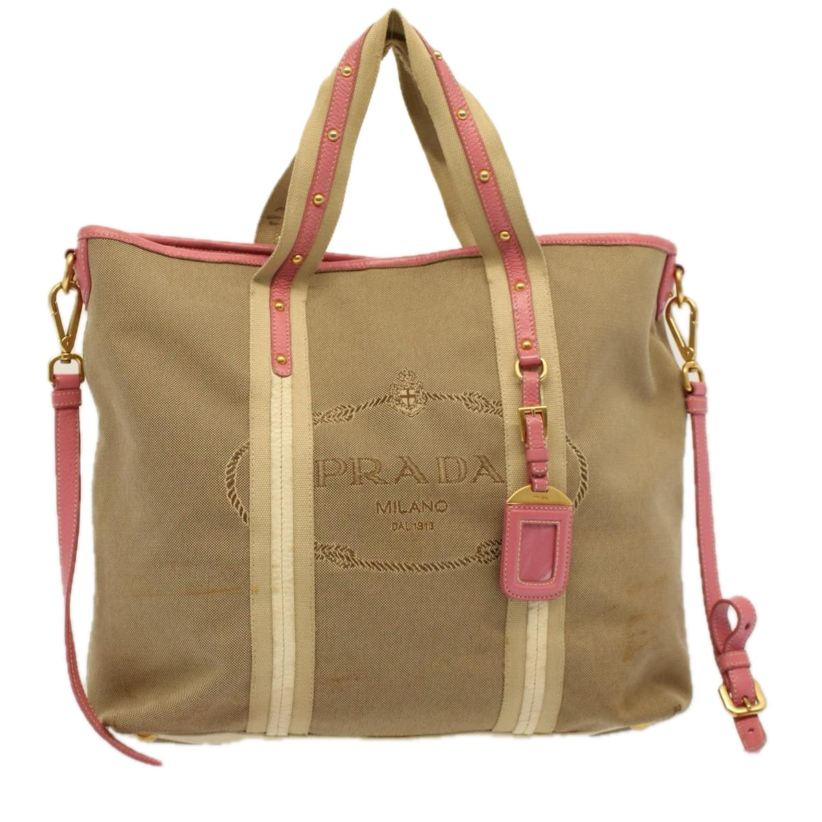 PRADA Shoulder Bag Canvas 2way Beige Pink Auth 58771