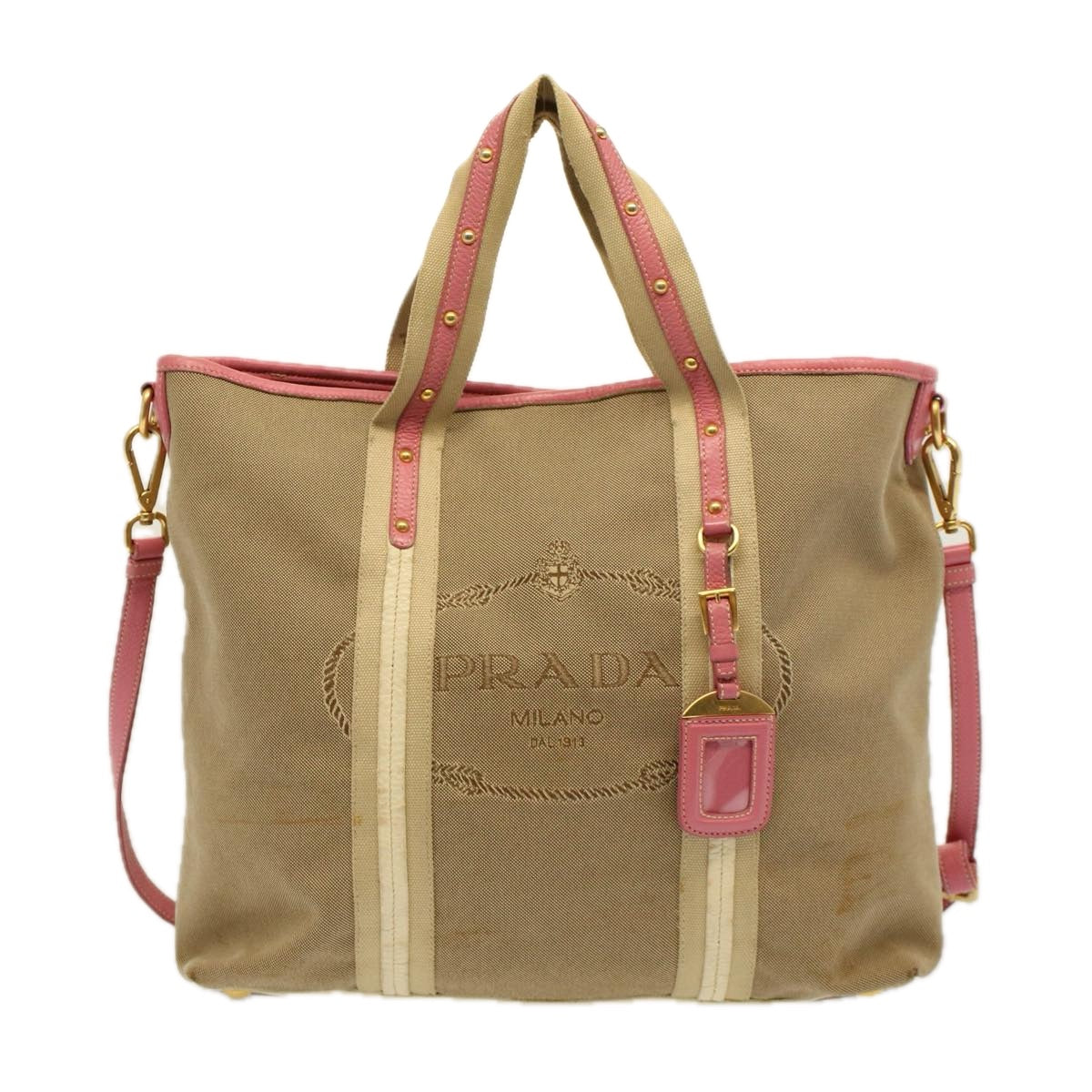 PRADA Shoulder Bag Canvas 2way Beige Pink Auth 58771