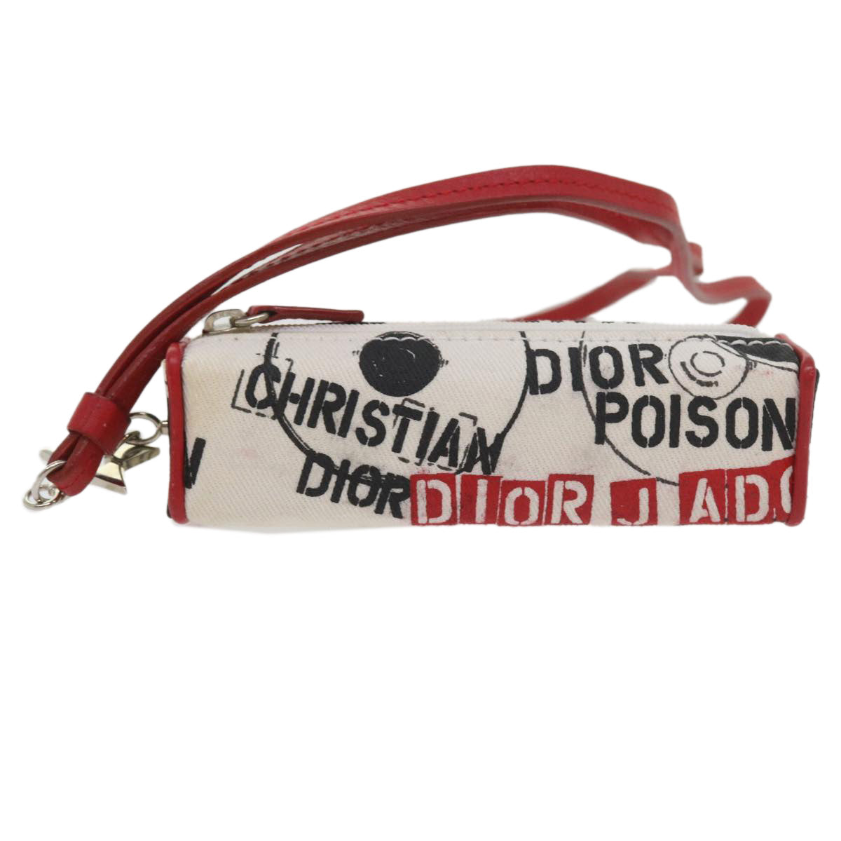 Christian Dior Mini Pouch Canvas White Red Auth 59093 - 0