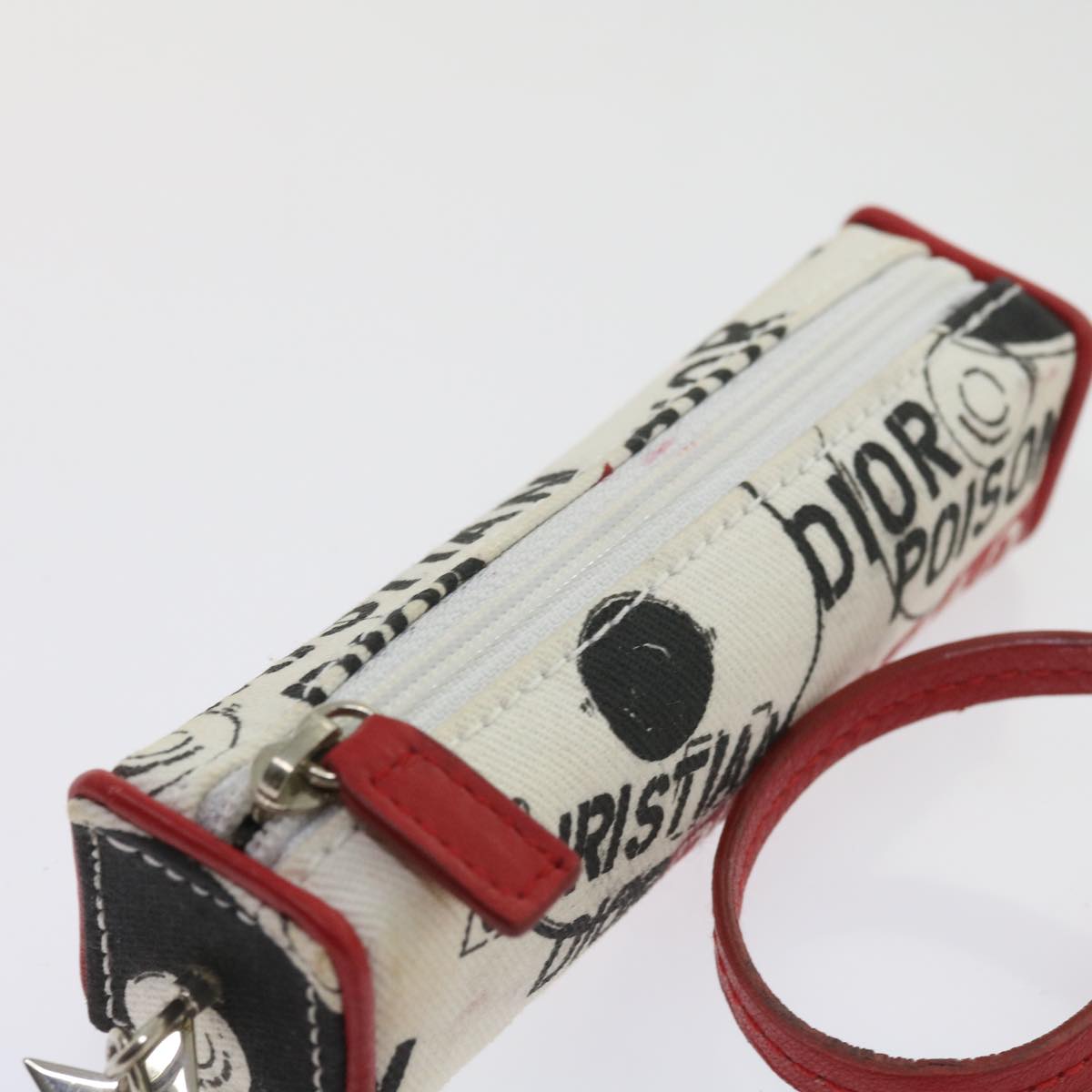 Christian Dior Mini Pouch Canvas White Red Auth 59093