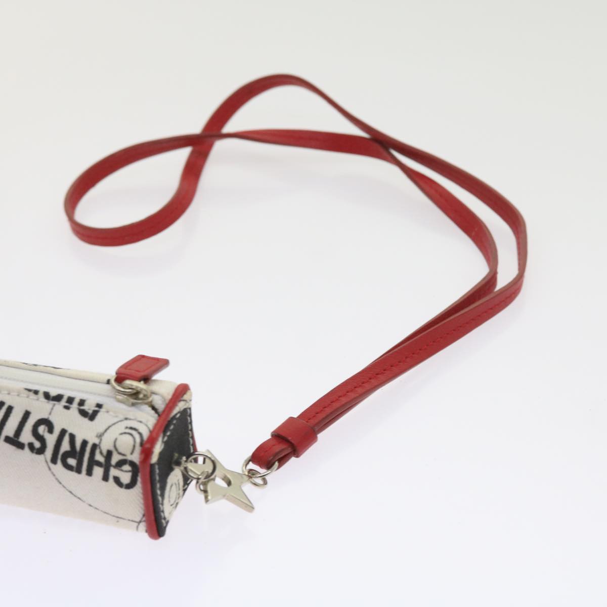 Christian Dior Mini Pouch Canvas White Red Auth 59093