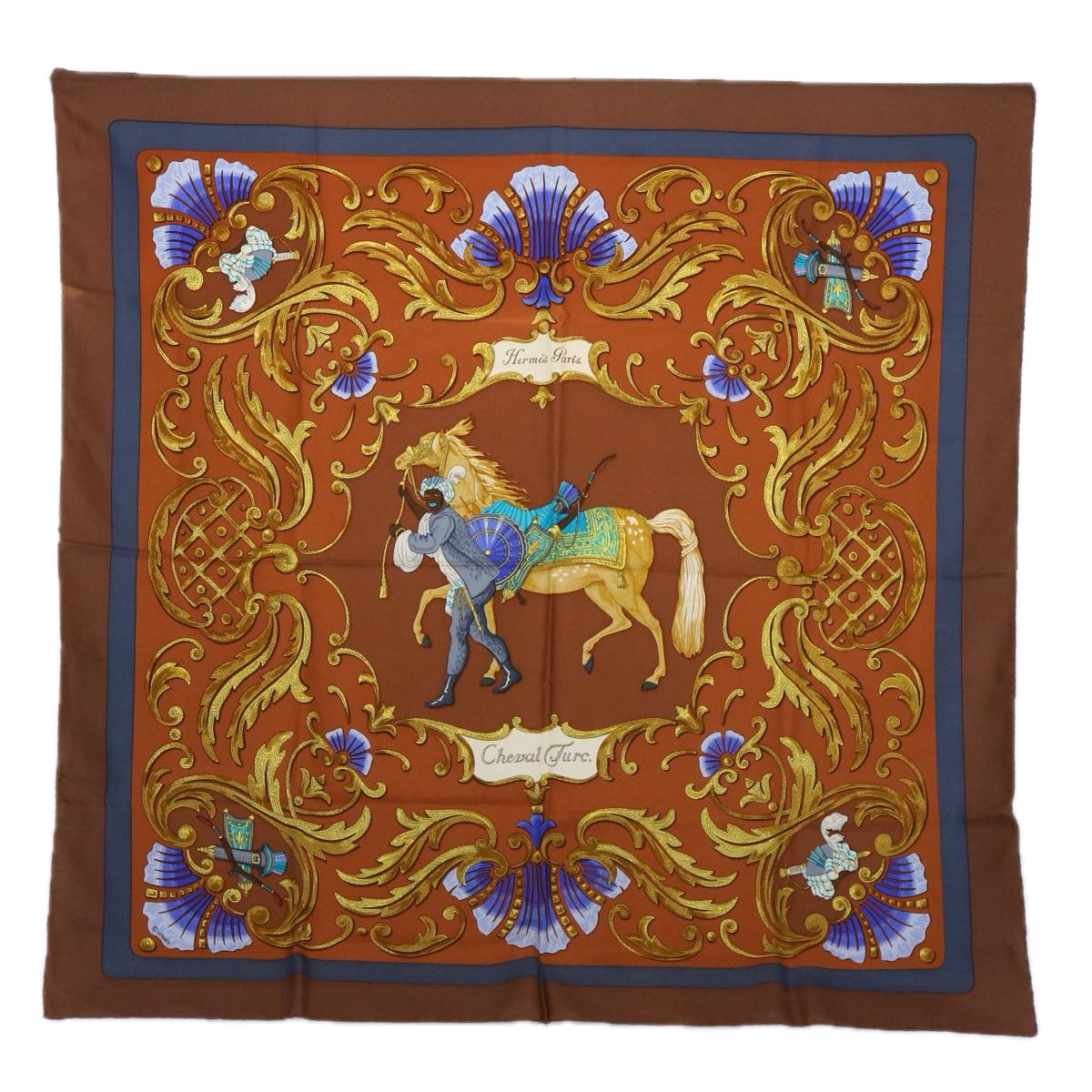 HERMES Carre 90 Cheval Turc Scarf Silk Brown Auth 59098