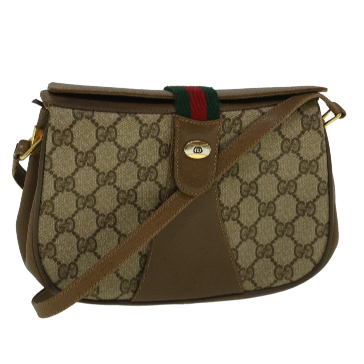 GUCCI GG Canvas Web Sherry Line Shoulder Bag PVC Leather Beige Green Auth 59155