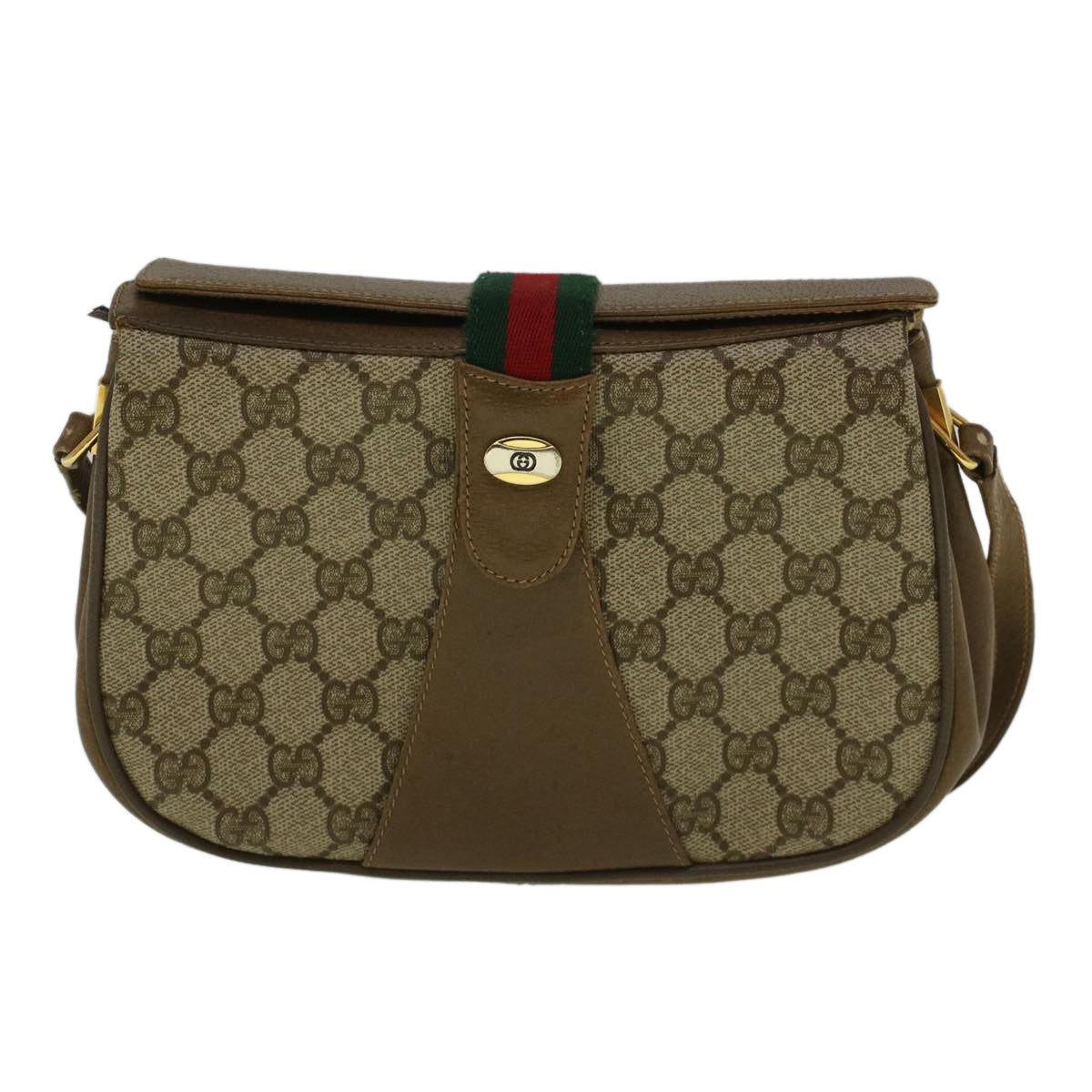 GUCCI GG Canvas Web Sherry Line Shoulder Bag PVC Leather Beige Green Auth 59155