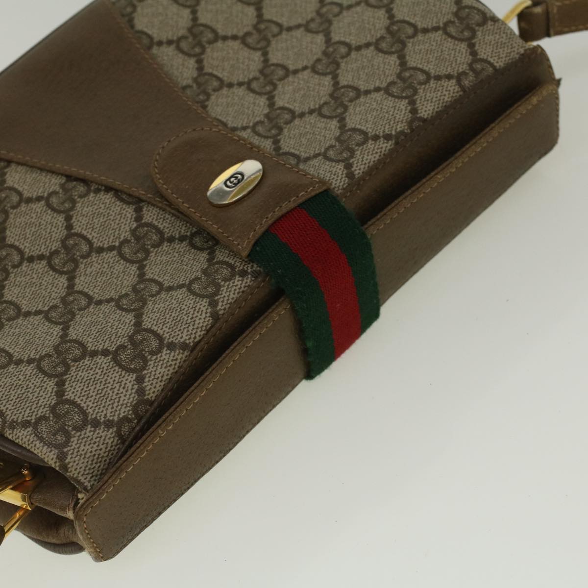 GUCCI GG Canvas Web Sherry Line Shoulder Bag PVC Leather Beige Green Auth 59155