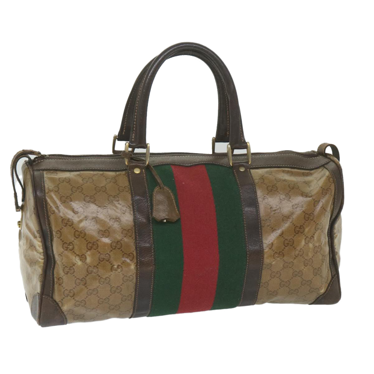 GUCCI GG Crystal Web Sherry Line Boston Bag Brown Red Green Auth 59337