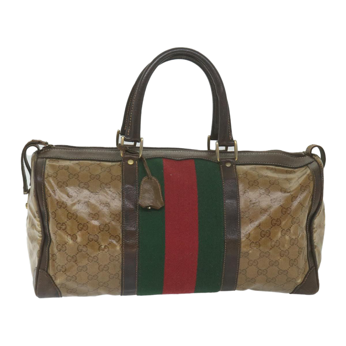 GUCCI GG Crystal Web Sherry Line Boston Bag Brown Red Green Auth 59337