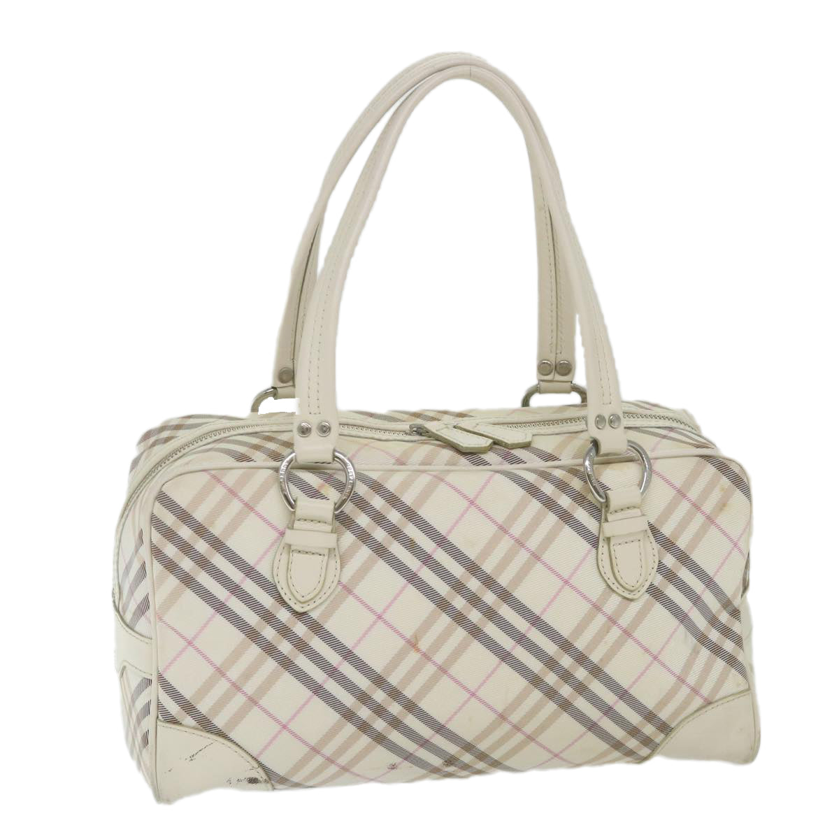 BURBERRY Nova Check Blue Label Boston Bag Nylon White Auth 59505