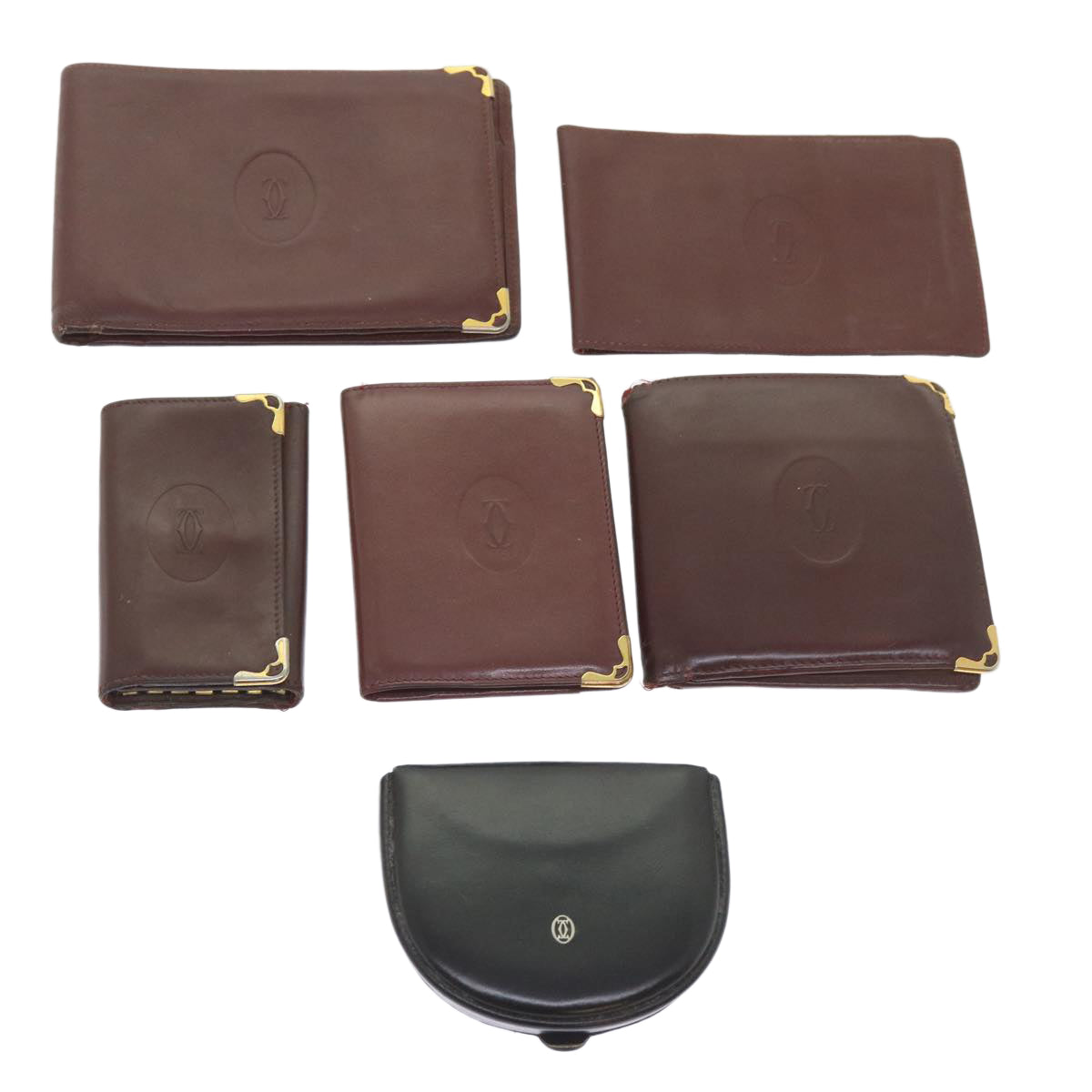 CARTIER Wallet Leather 5Set Wine Red Black Auth 59596