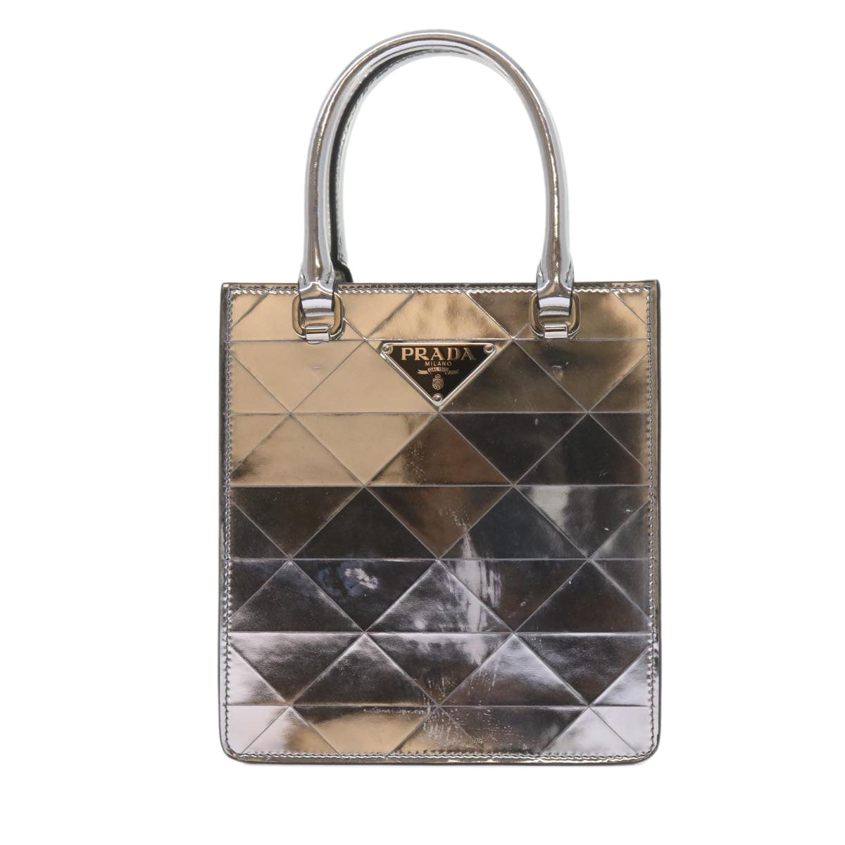 PRADA Hand Bag Metallic leather Silver Auth 59813S