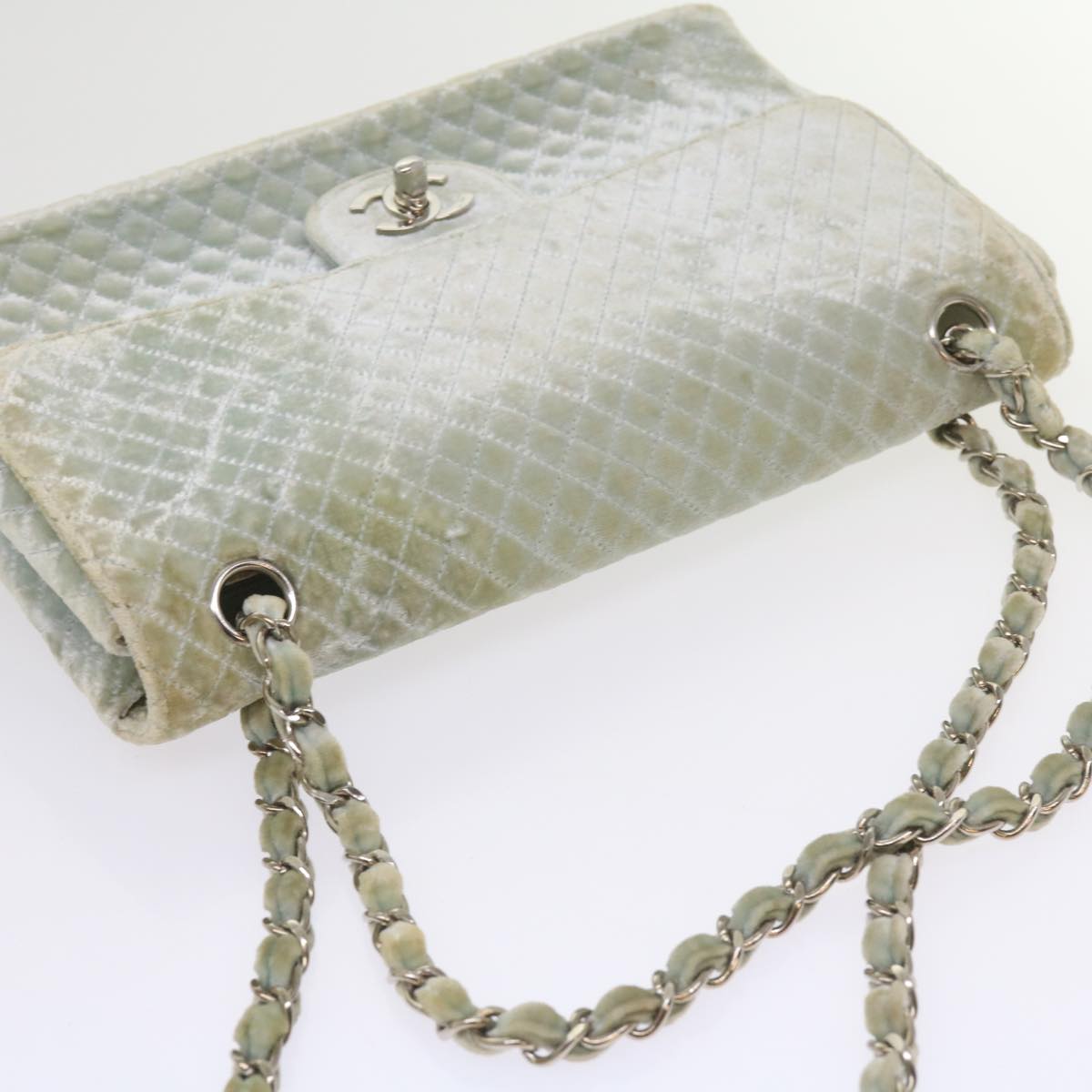 CHANEL Matelasse Chain Shoulder Bag Velor Light Blue CC Auth 59868A