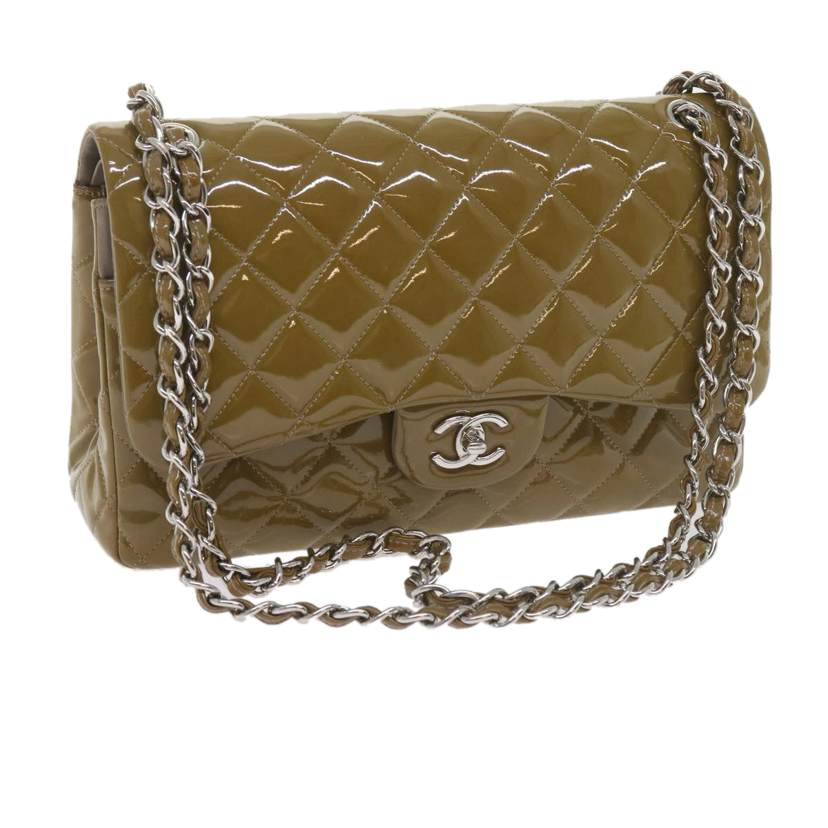 CHANEL Matelasse Chain Shoulder Bag Patent leather Khaki CC Auth 59886A