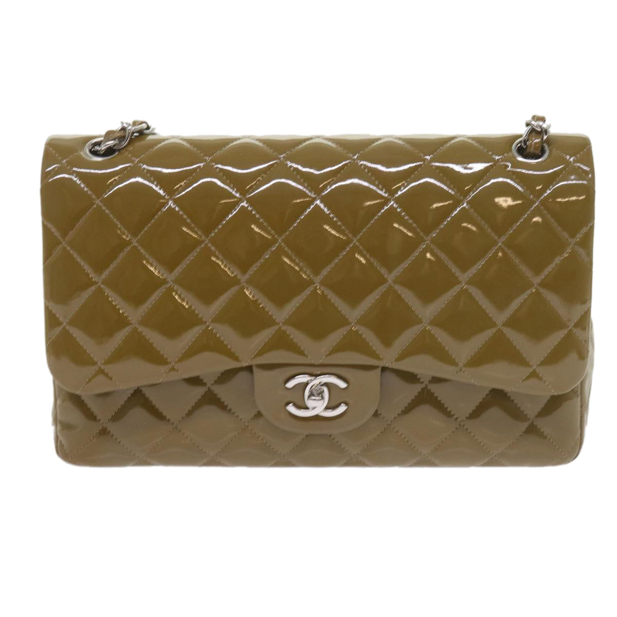 CHANEL Matelasse Chain Shoulder Bag Patent leather Khaki CC Auth 59886A