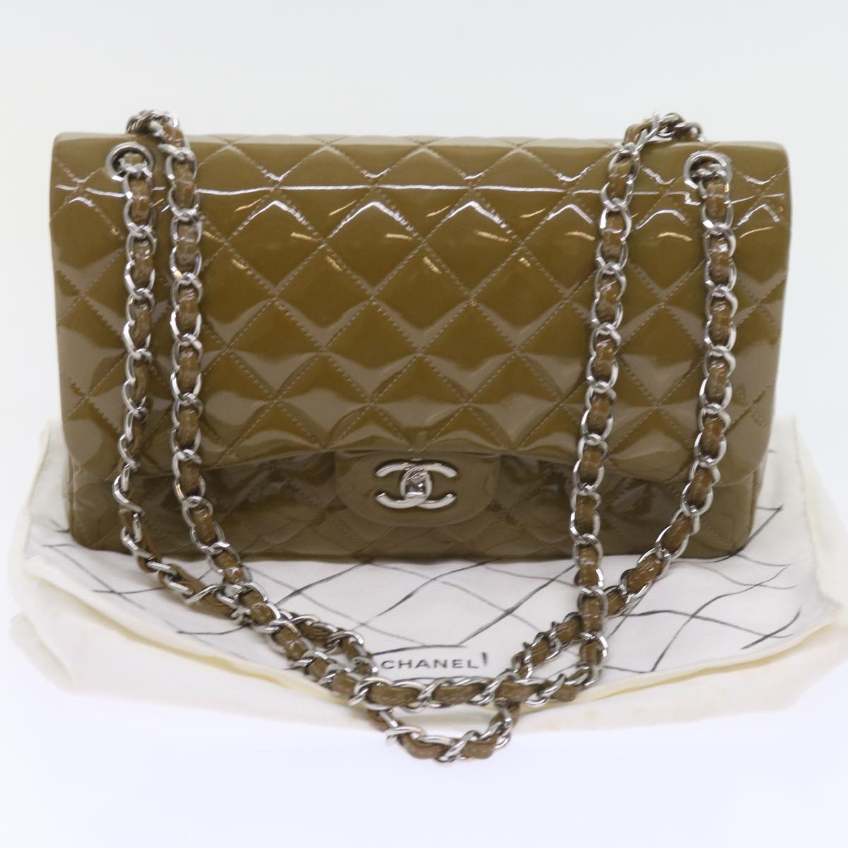 CHANEL Matelasse Chain Shoulder Bag Patent leather Khaki CC Auth 59886A