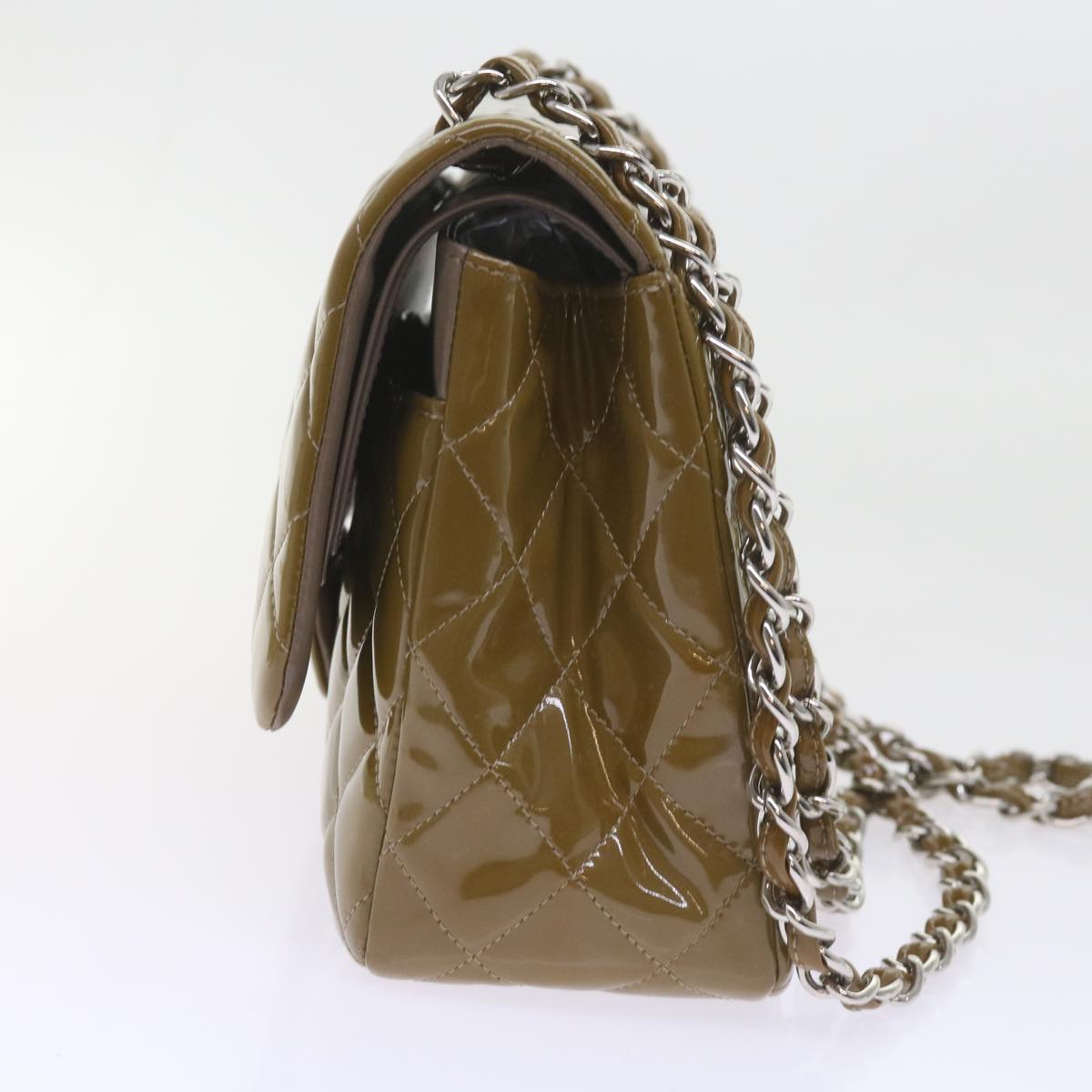 CHANEL Matelasse Chain Shoulder Bag Patent leather Khaki CC Auth 59886A