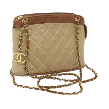 CHANEL Matelasse Chain Shoulder Bag Lamb Skin Beige CC Auth 59907A