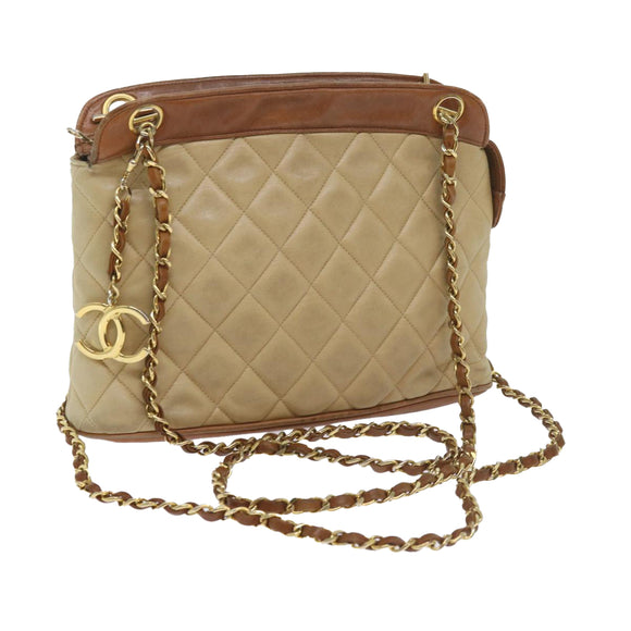 CHANEL Matelasse Chain Shoulder Bag Lamb Skin Beige CC Auth 59907A